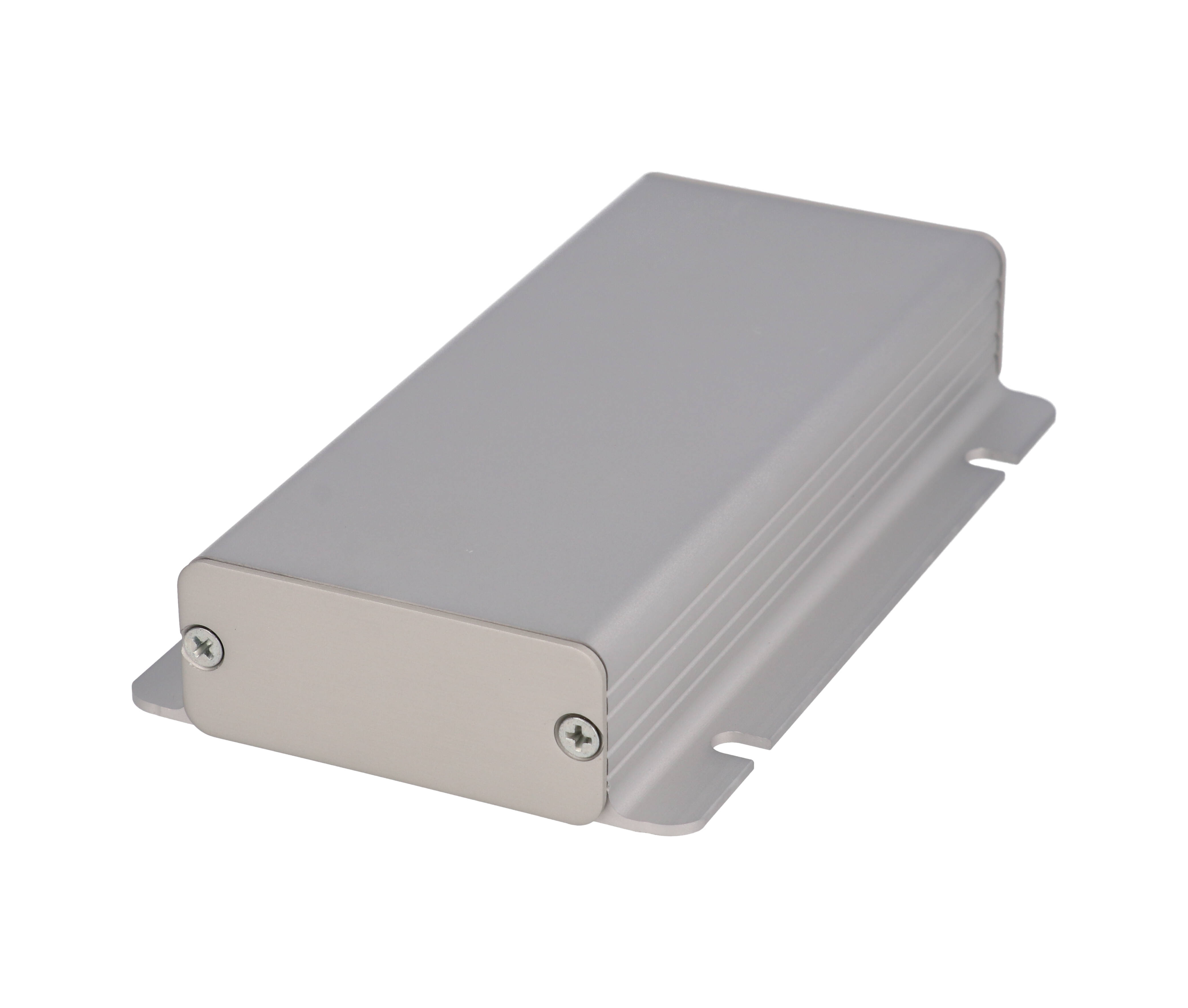 1455CF1201 clear anodized extruded aluminum enclosure with integrated slotted mounting flanges