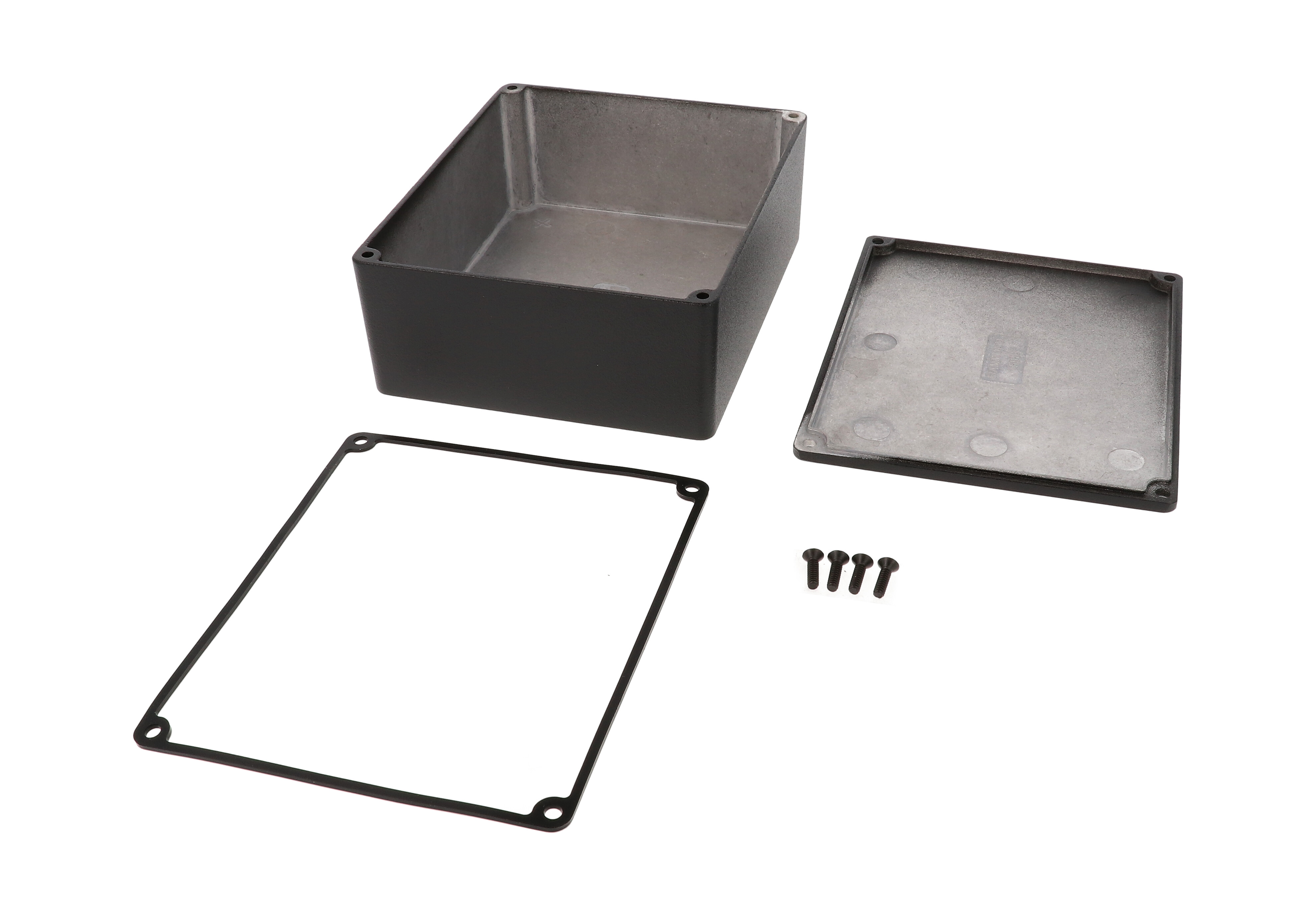 1590WXBK black textured watertight diecast aluminum enclosure without mounting flanges, 145 mm x 121 mm x 56 mm