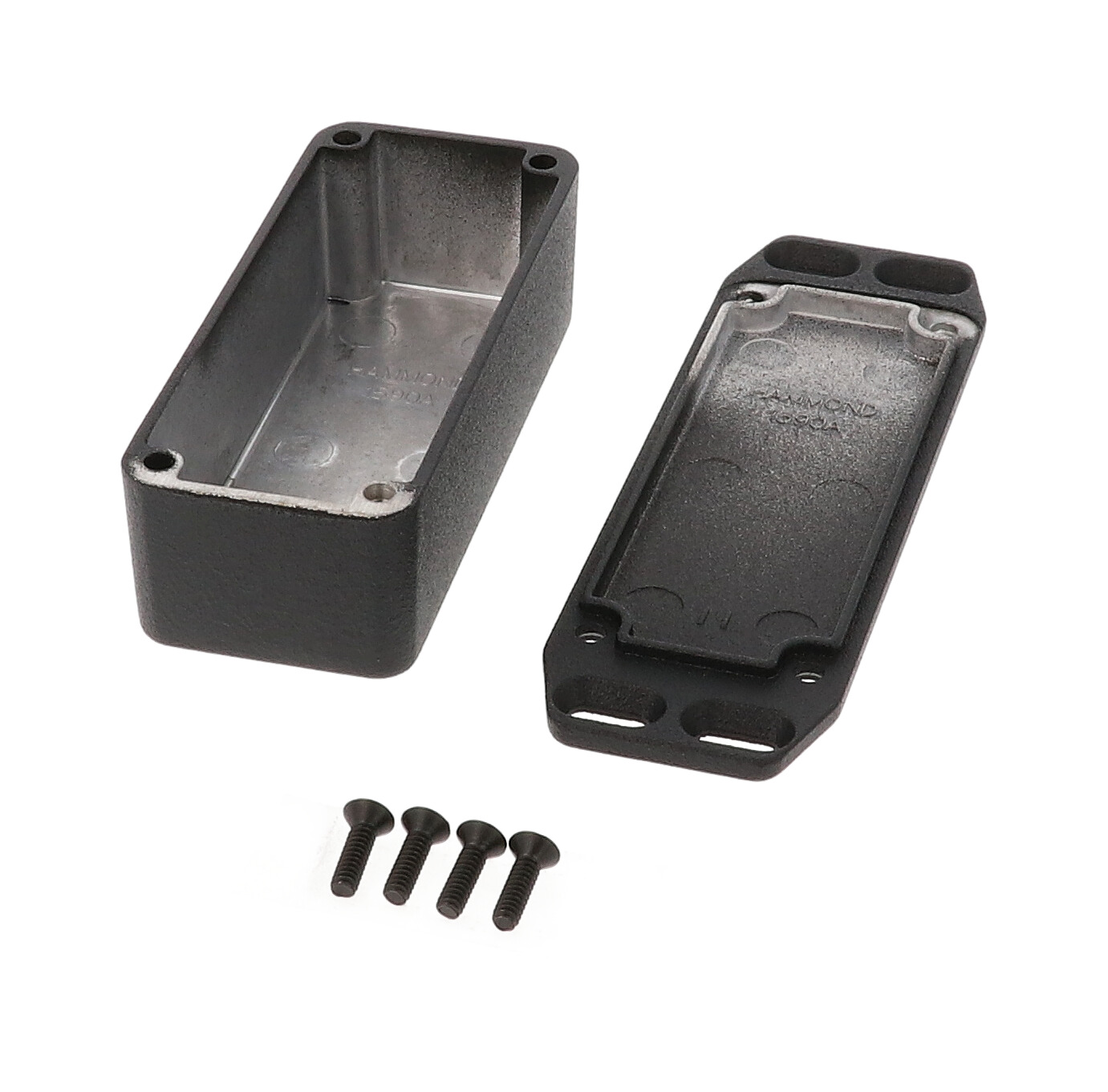 1590AFLBK textured black diecast aluminum enclosure with flanged wall-mounting lid