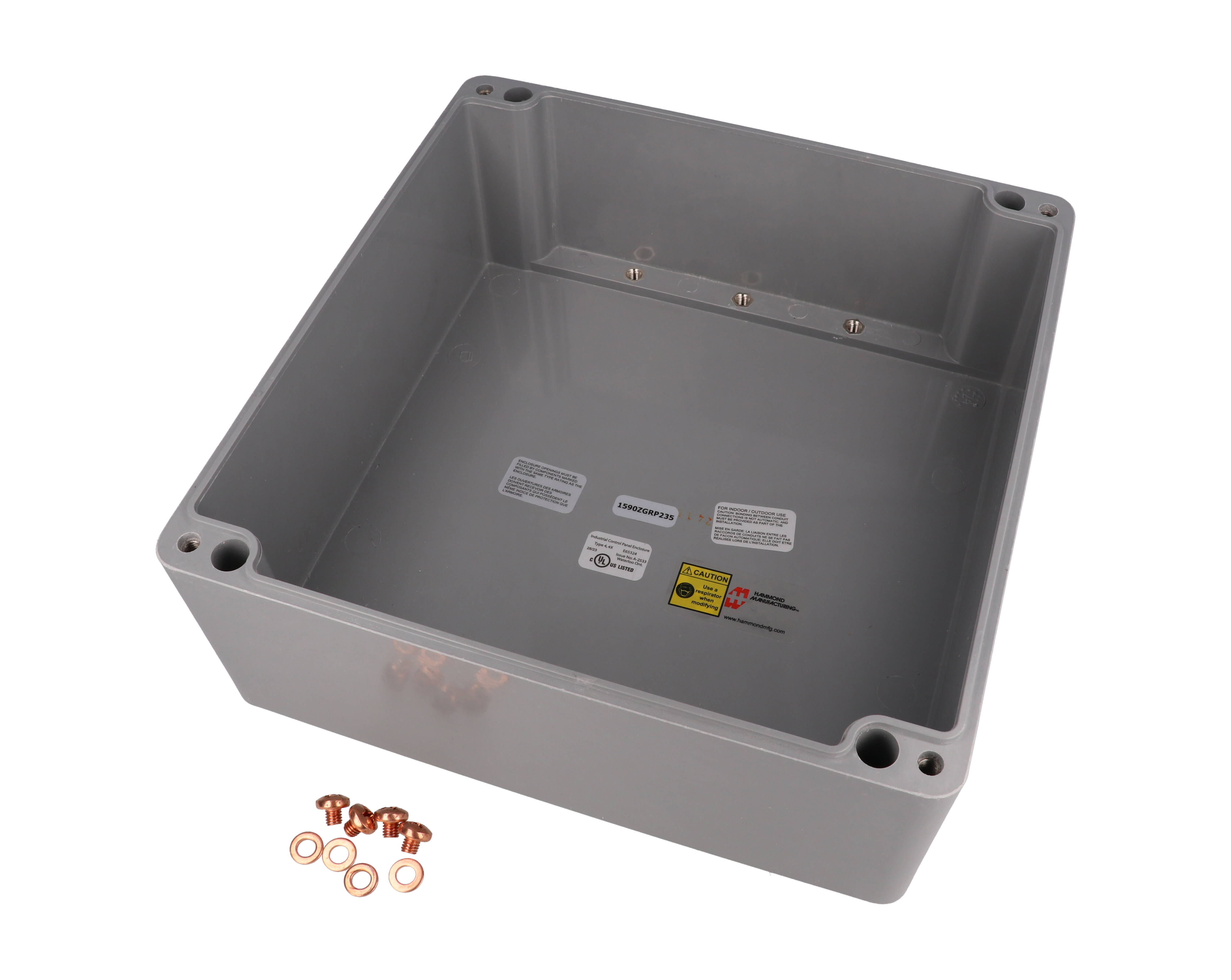1590ZGRP235 gray fiberglass enclosure 255 x 250 x 160 mm with deep gasketed lid