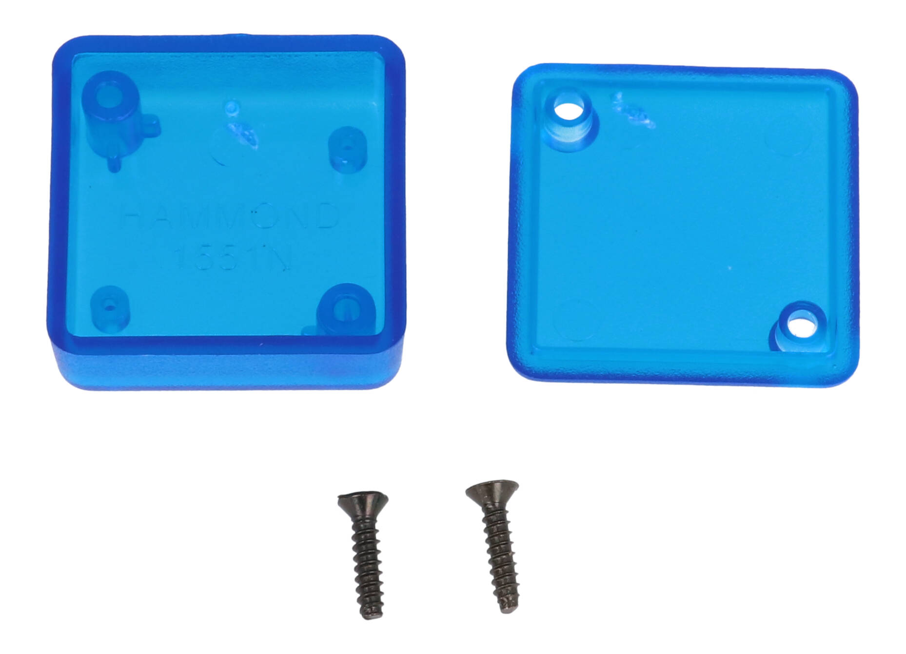 1551NTBU translucent blue ABS shallow miniature enclosure, 35 x 35 x 15 mm