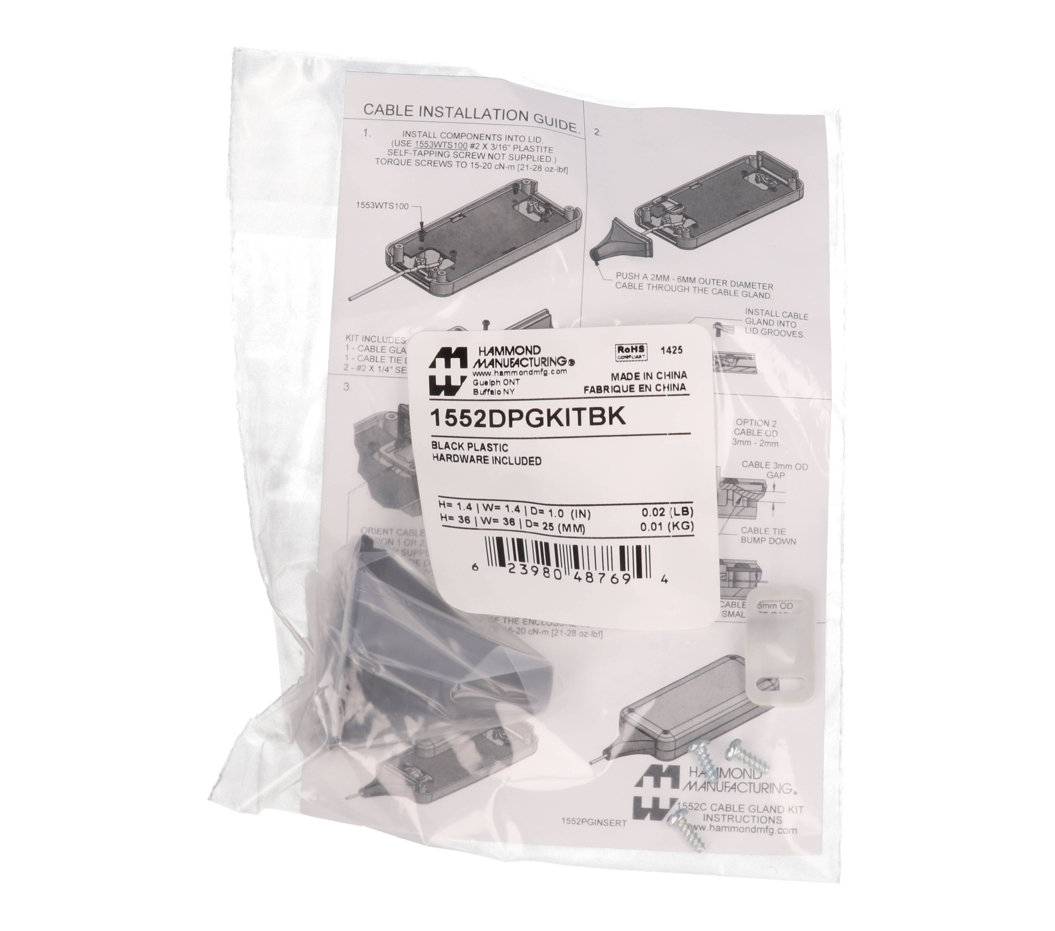 1552DPGKITBK black rubberized cable gland kit with tie-down for 1552 size D hand-held enclosures