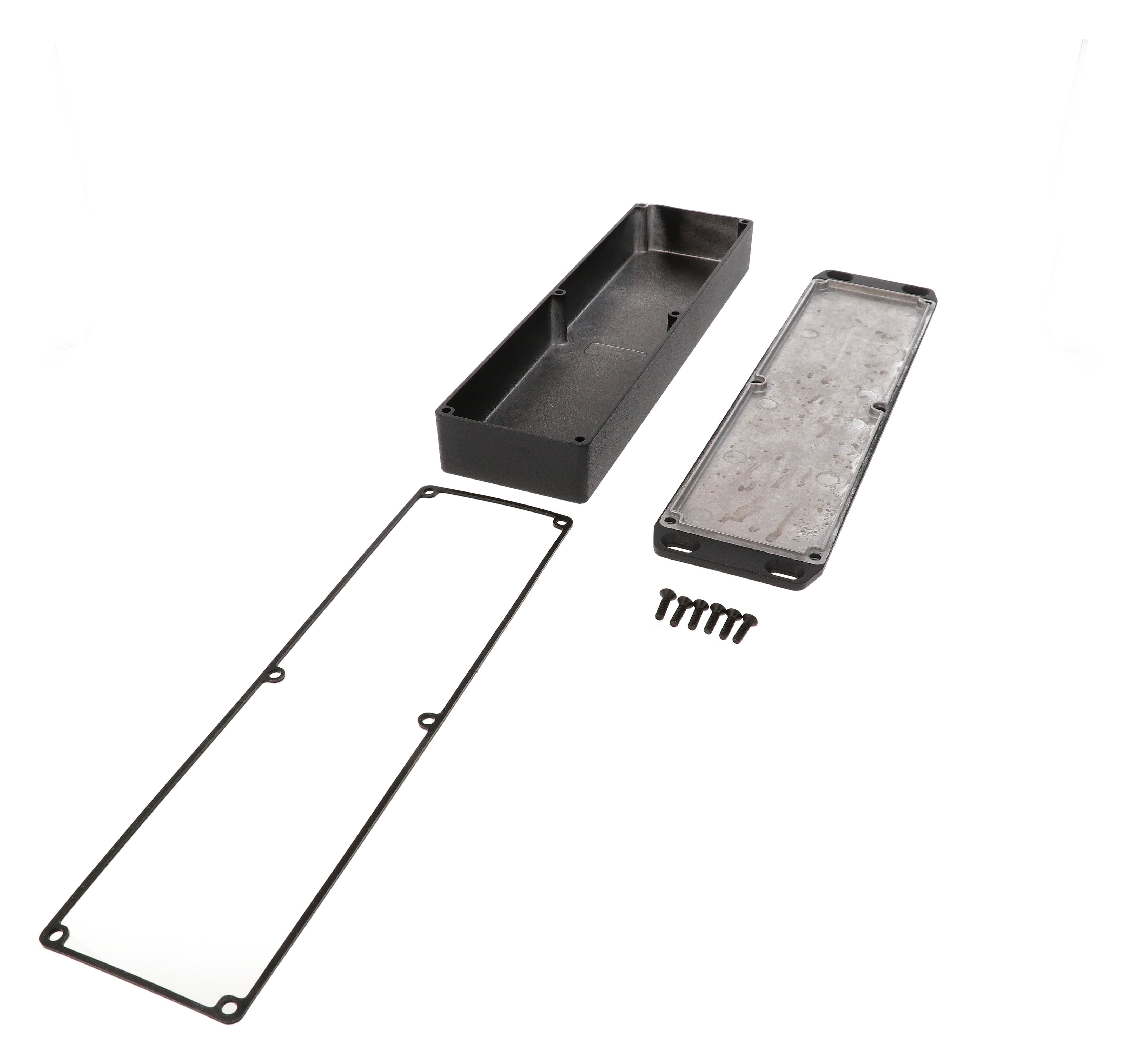 1590WBX2FLBK black textured low-profile watertight diecast enclosure with wall-mounting flanged lid