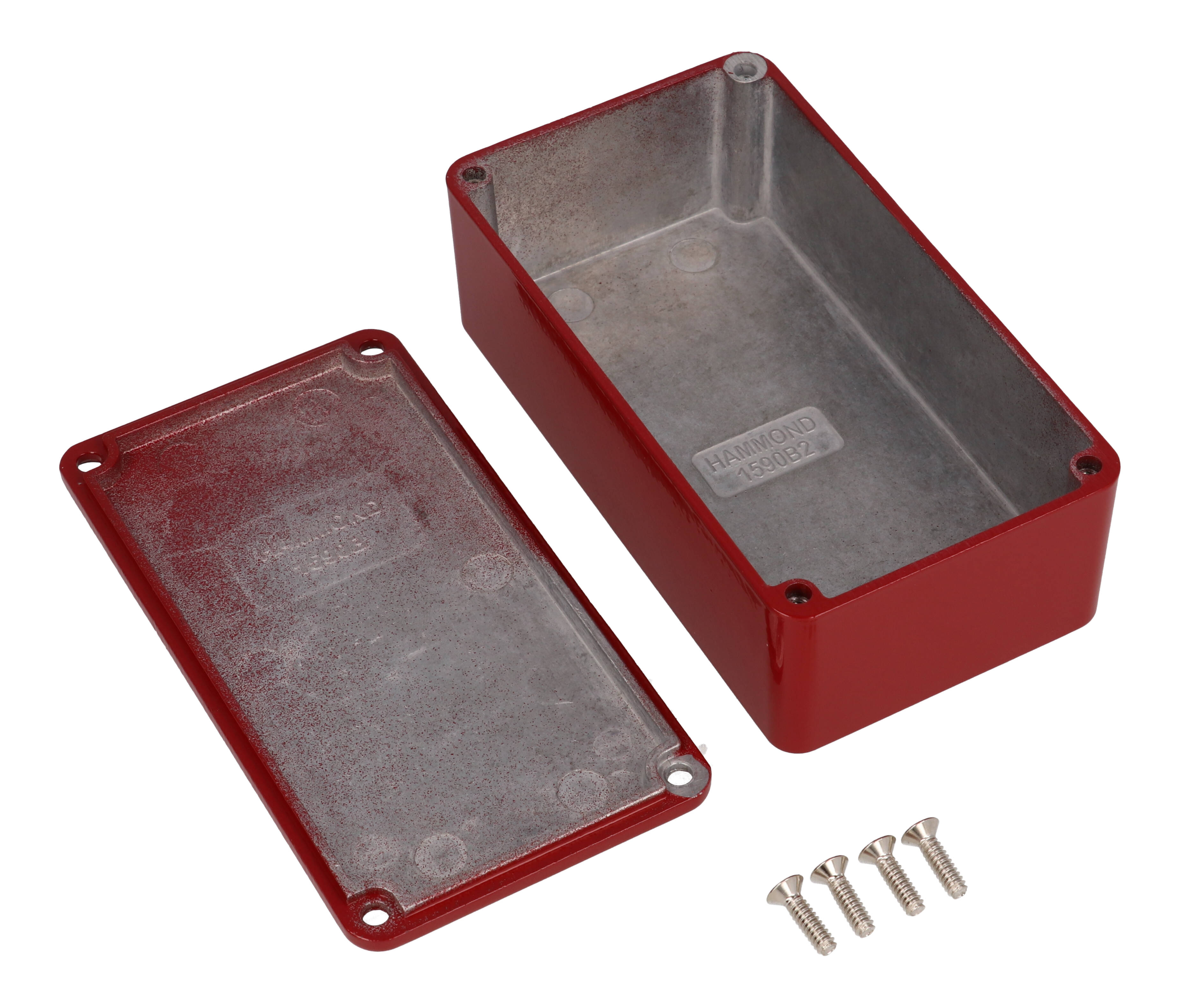 1590B2RD red powder coated diecast aluminum stomp box enclosure, 112 x 61 x 38 mm, with lid
