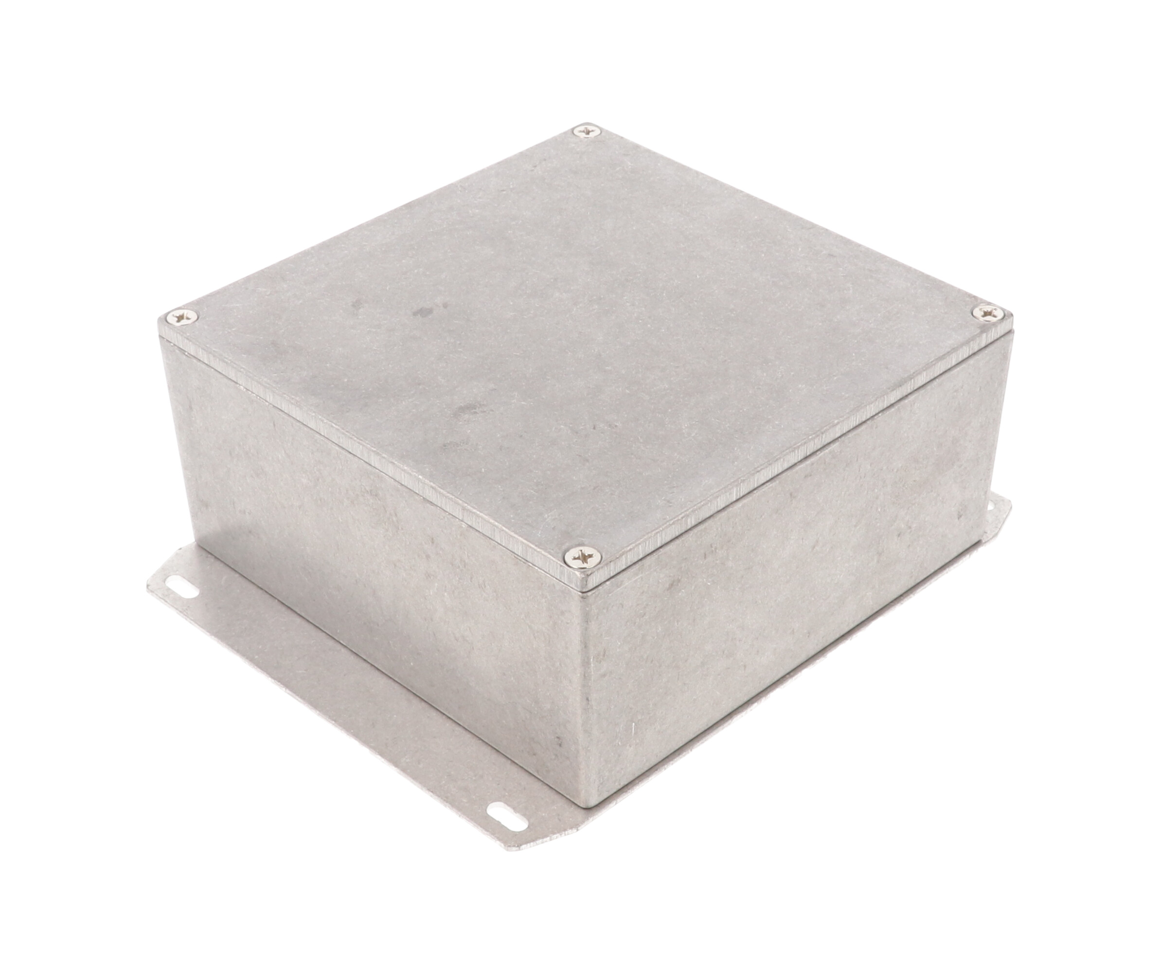 1590KKF natural diecast aluminum enclosure with welded flanged bottom plate, 125 x 125 x 57 mm