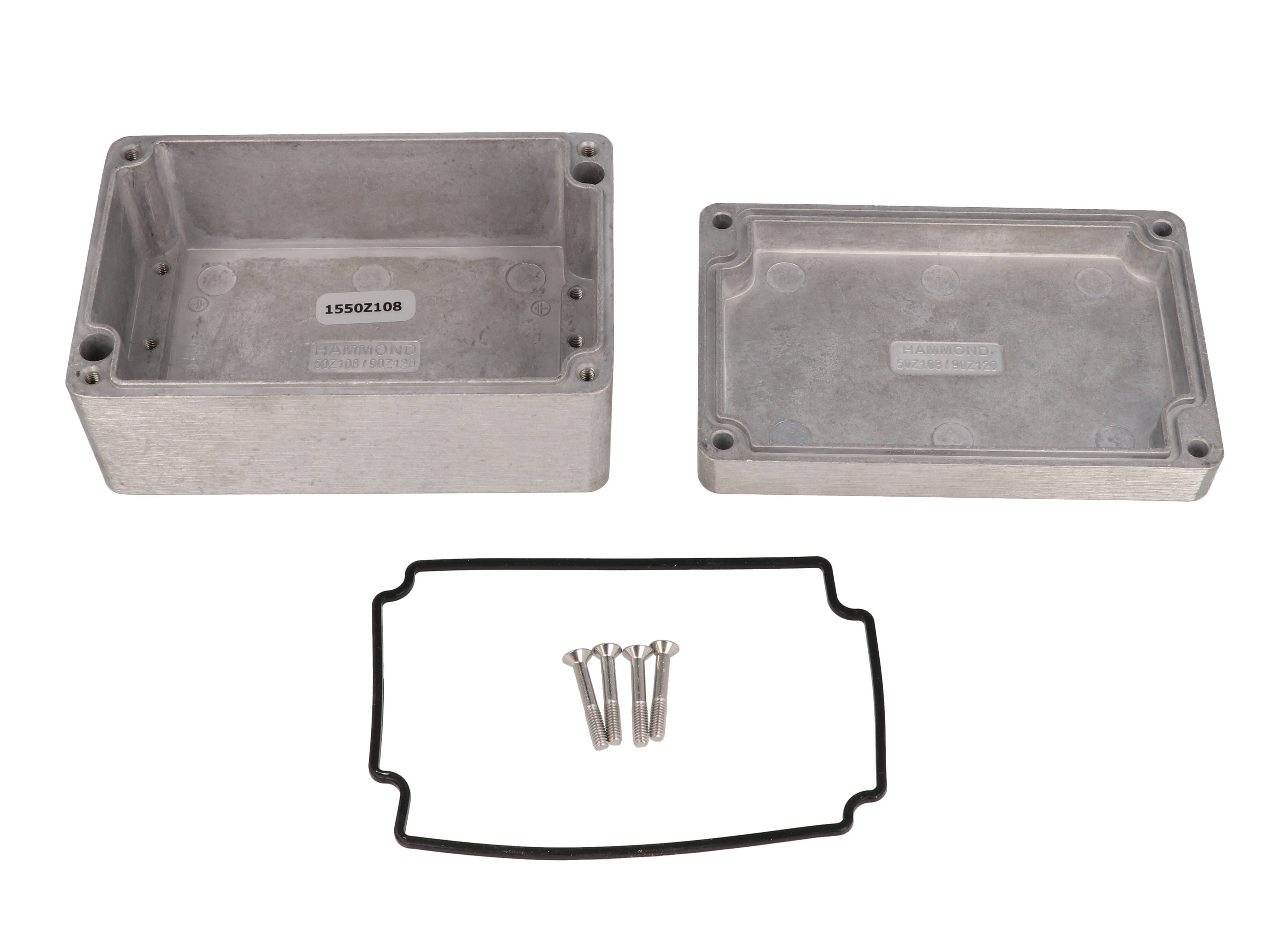 Hammond 1550Z108 natural unpainted watertight diecast aluminum enclosure, 125 x 80 x 59 mm, with lid and cover screws
