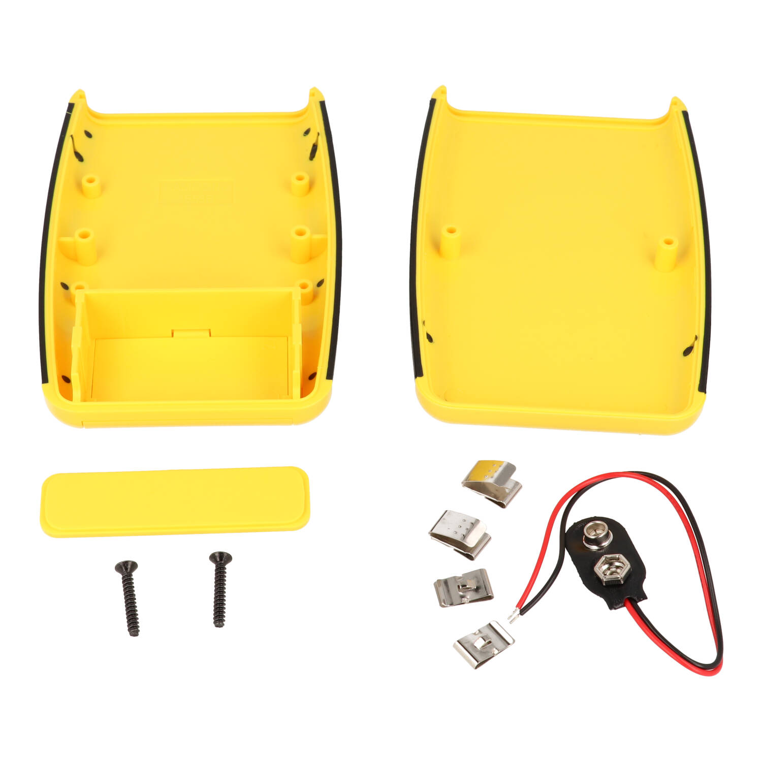 1553BYLBKBAT yellow ABS handheld enclosure with black overmold and battery door