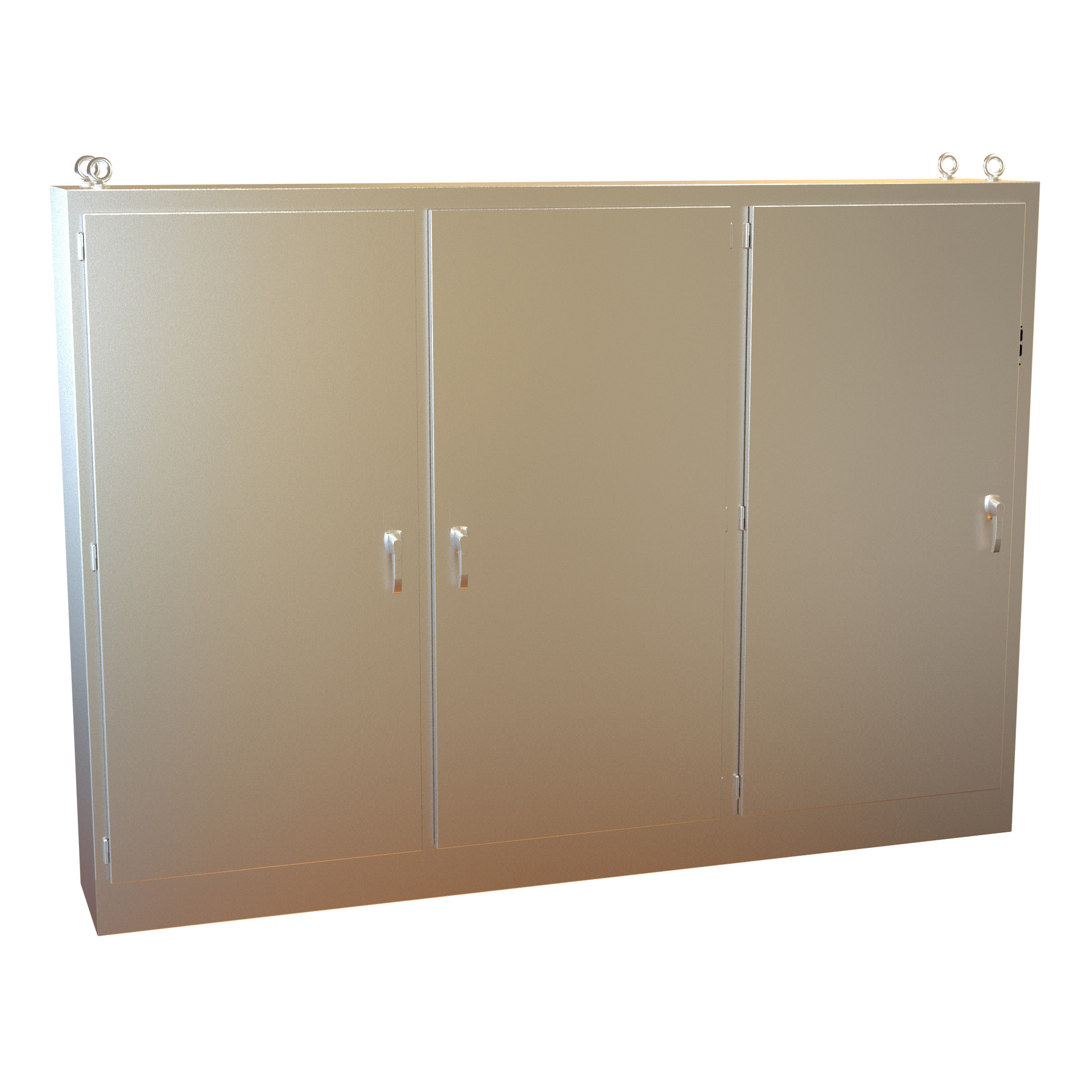 3UHD8411918N4SS three-door Type 4X 304 stainless steel freestanding disconnect enclosure, 84.13 x 118.25 x 18.13 in, with handle and flange cutout