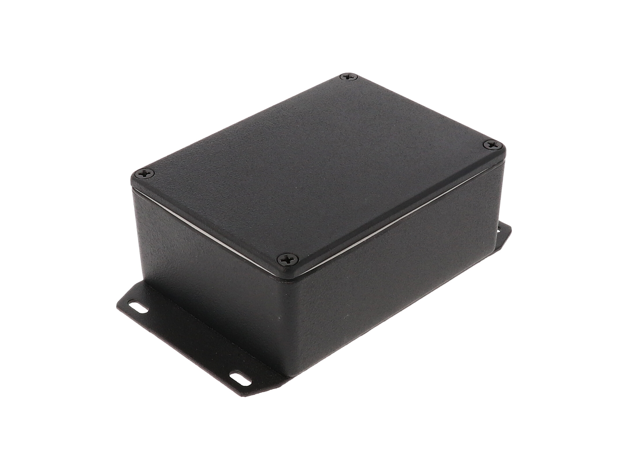 1590WSFBK black textured IP65 water-tight diecast aluminum enclosure with a welded flanged bottom plate, 110x82x44mm