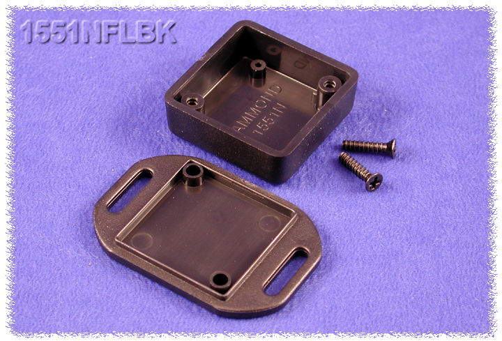 1551NFLBK black ABS shallow enclosure with flanged lid, 35 x 35 x 15 mm