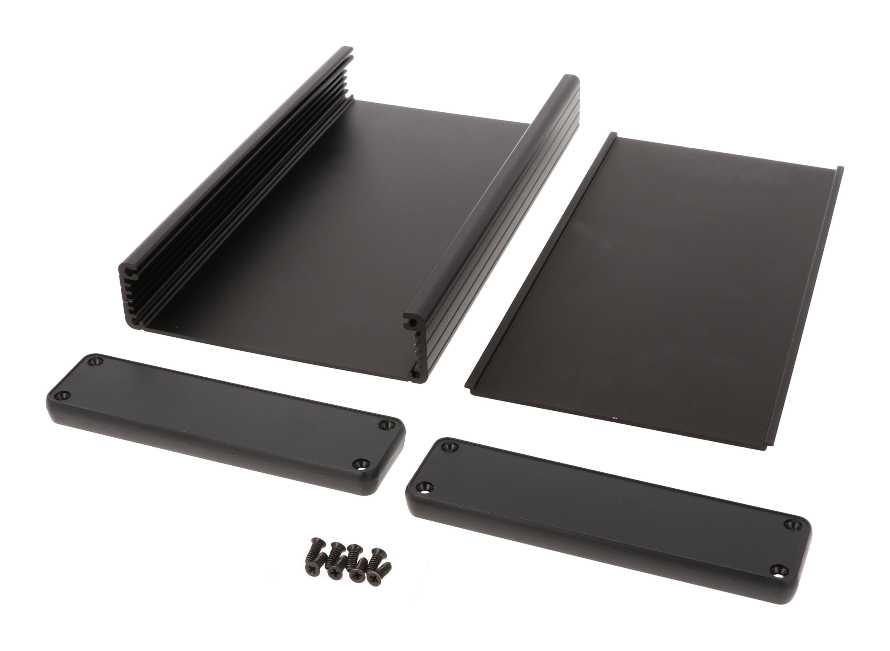 1455P2202BK black anodized extruded aluminum PC board enclosure, 220 x 125 x 30.5 mm, with closed black plastic end panels