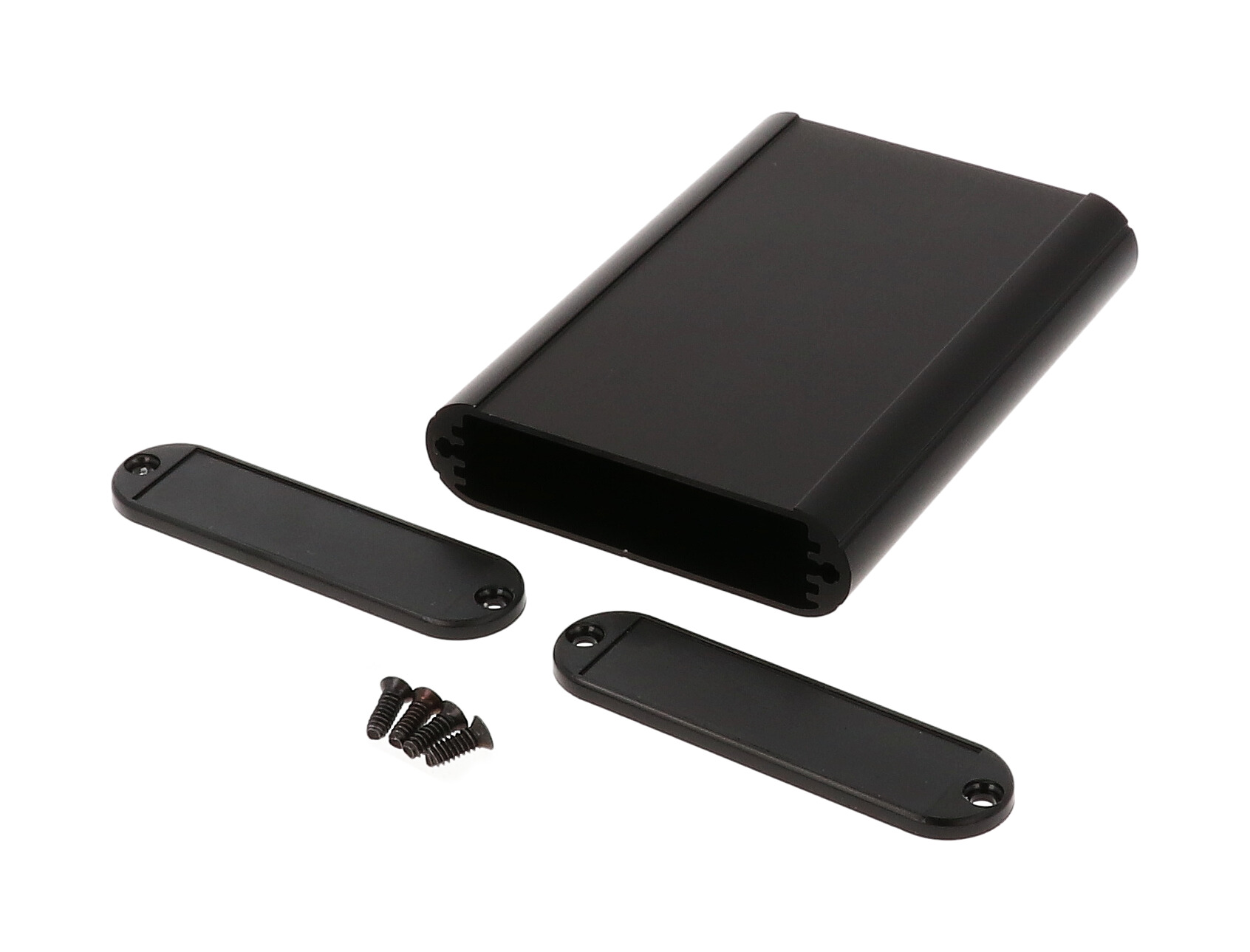 1455B1002BK black anodized extruded aluminum PC board enclosure, 100 x 72 x 19 mm, with plastic end panels