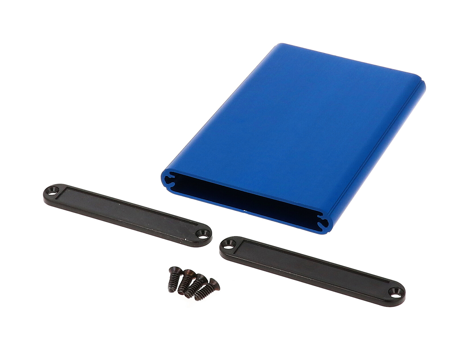 1455A1002BU blue anodized extruded aluminum PC board enclosure, 100 x 70 x 12 mm, with black plastic end panels