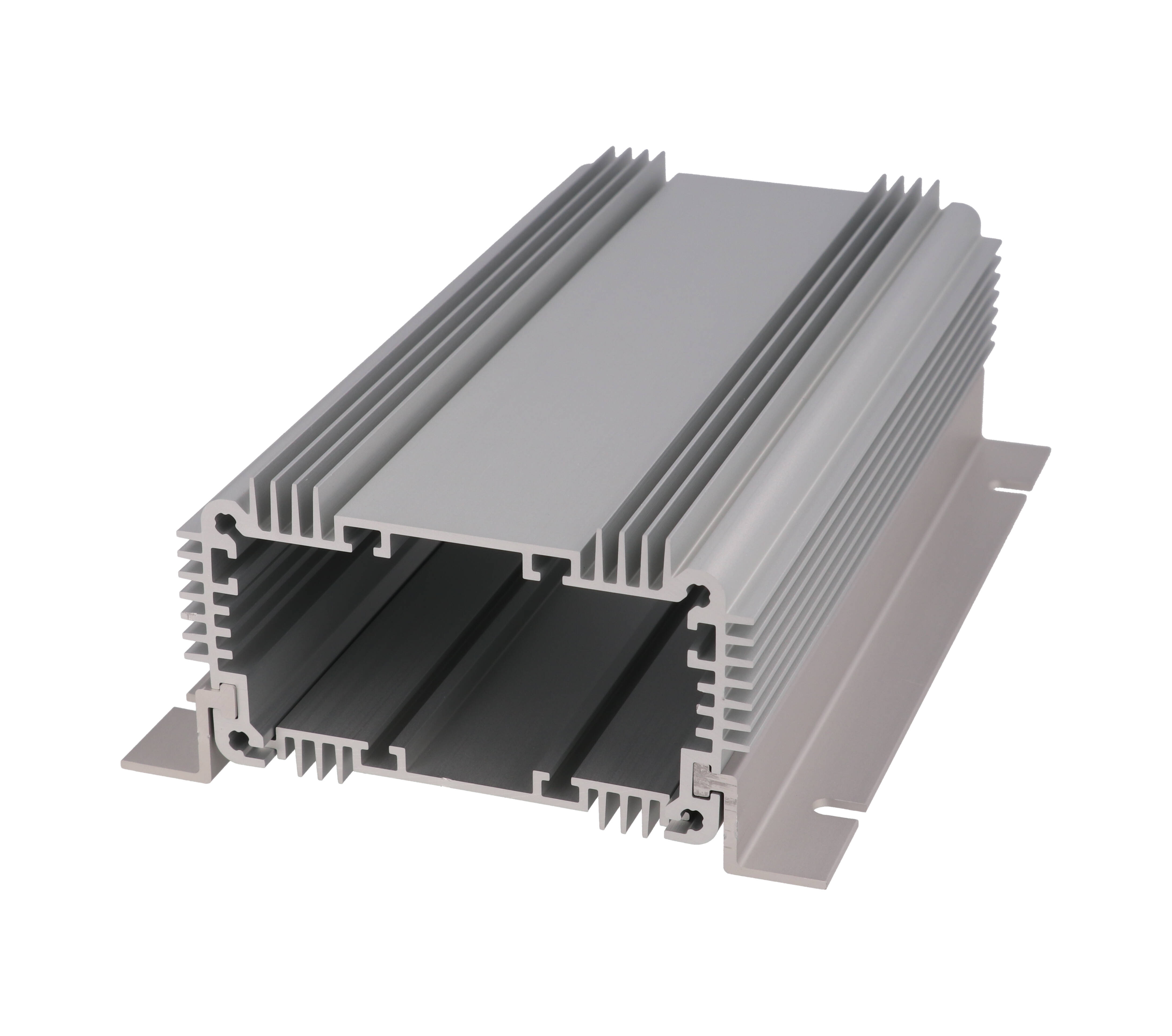 1455KHD1601 clear anodized finned heat dissipating extruded aluminum enclosure, 160 x 86 x 51 mm, with mounting flanges