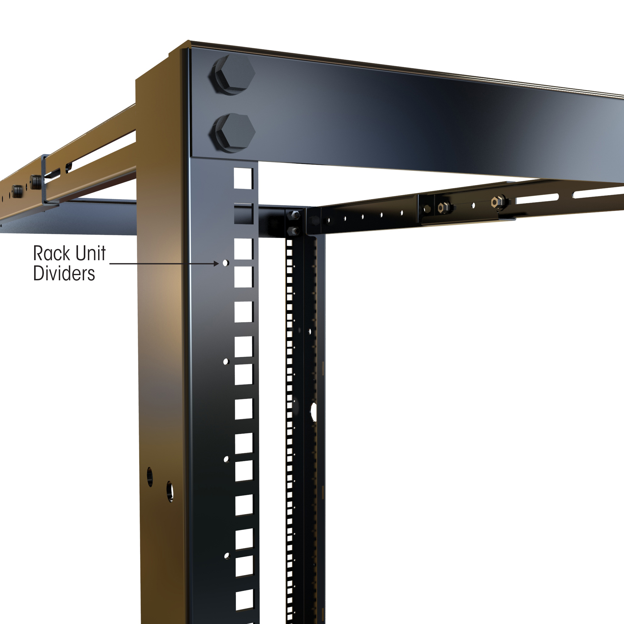 Hammond DC4R24 24U four-post open frame rack in RAL9005 black with adjustable 24 to 36 inch depth and 19 inch square-hole EIA rails — view 3