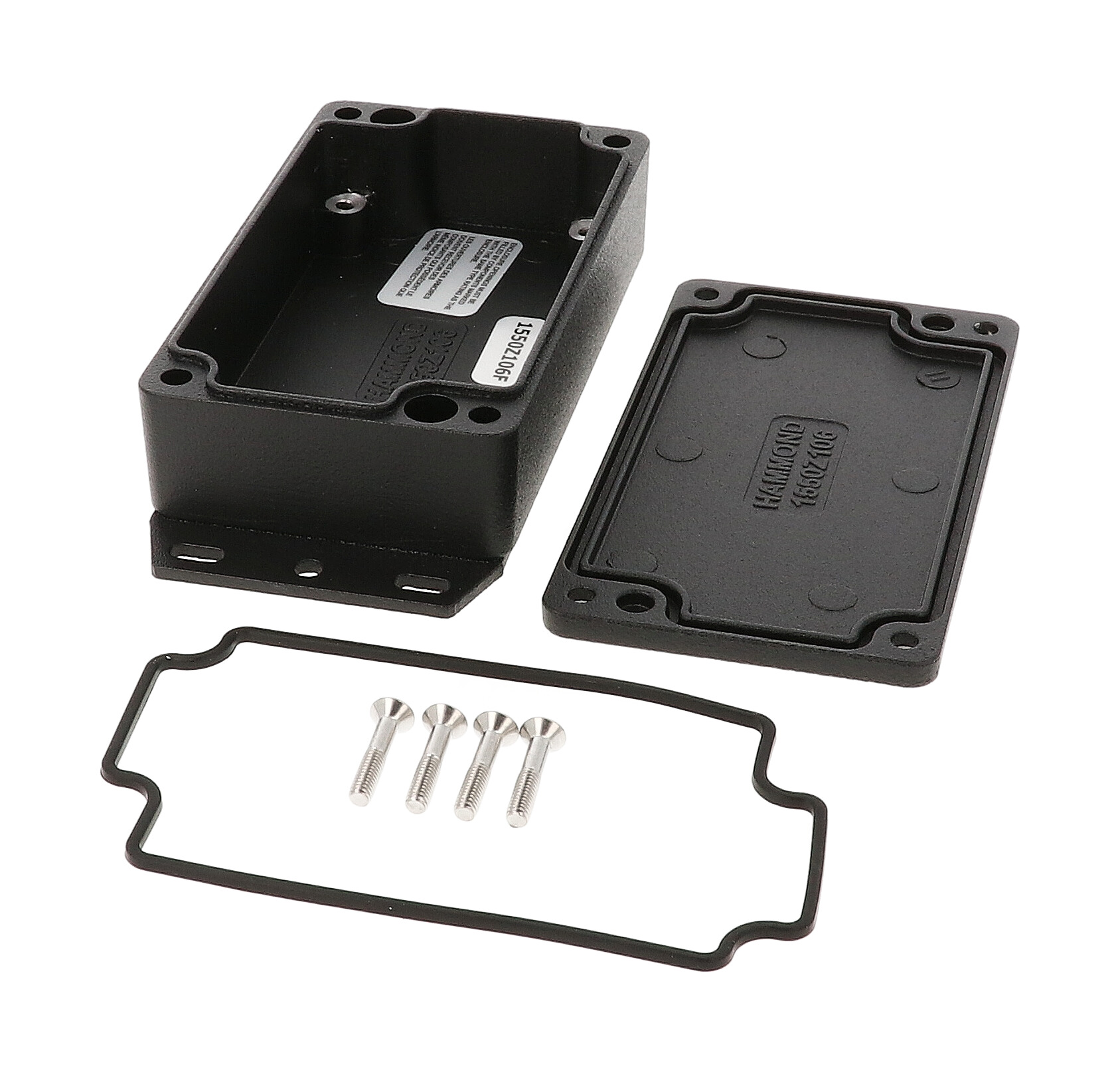 1550Z106FBK textured black watertight diecast enclosure with flanged base and screw-down lid, 142x65x33 mm