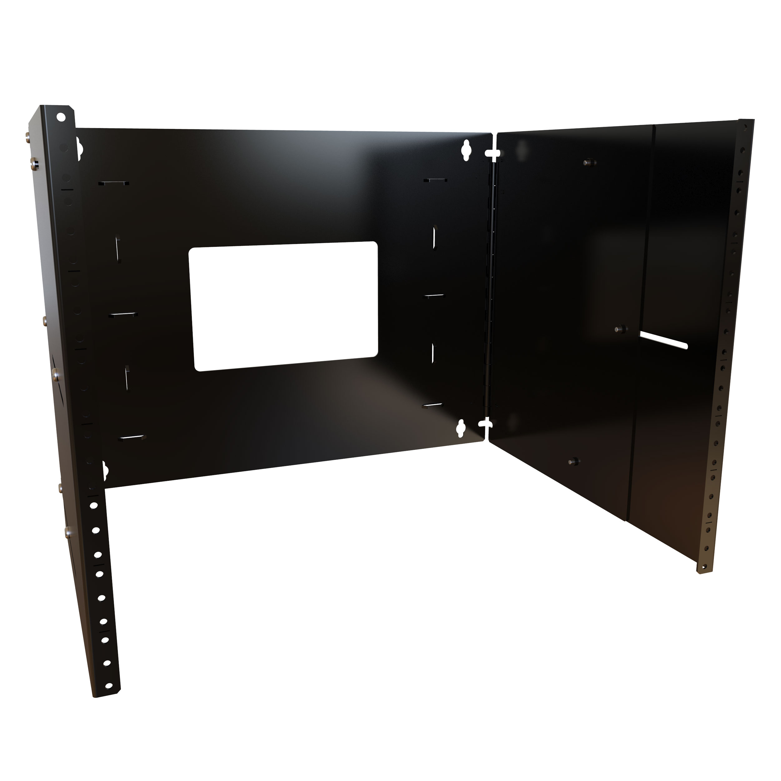 Hammond APB19003BK1 2U adjustable depth hinged wall-mount rack in black with 19-inch threaded mounting rails — view 4
