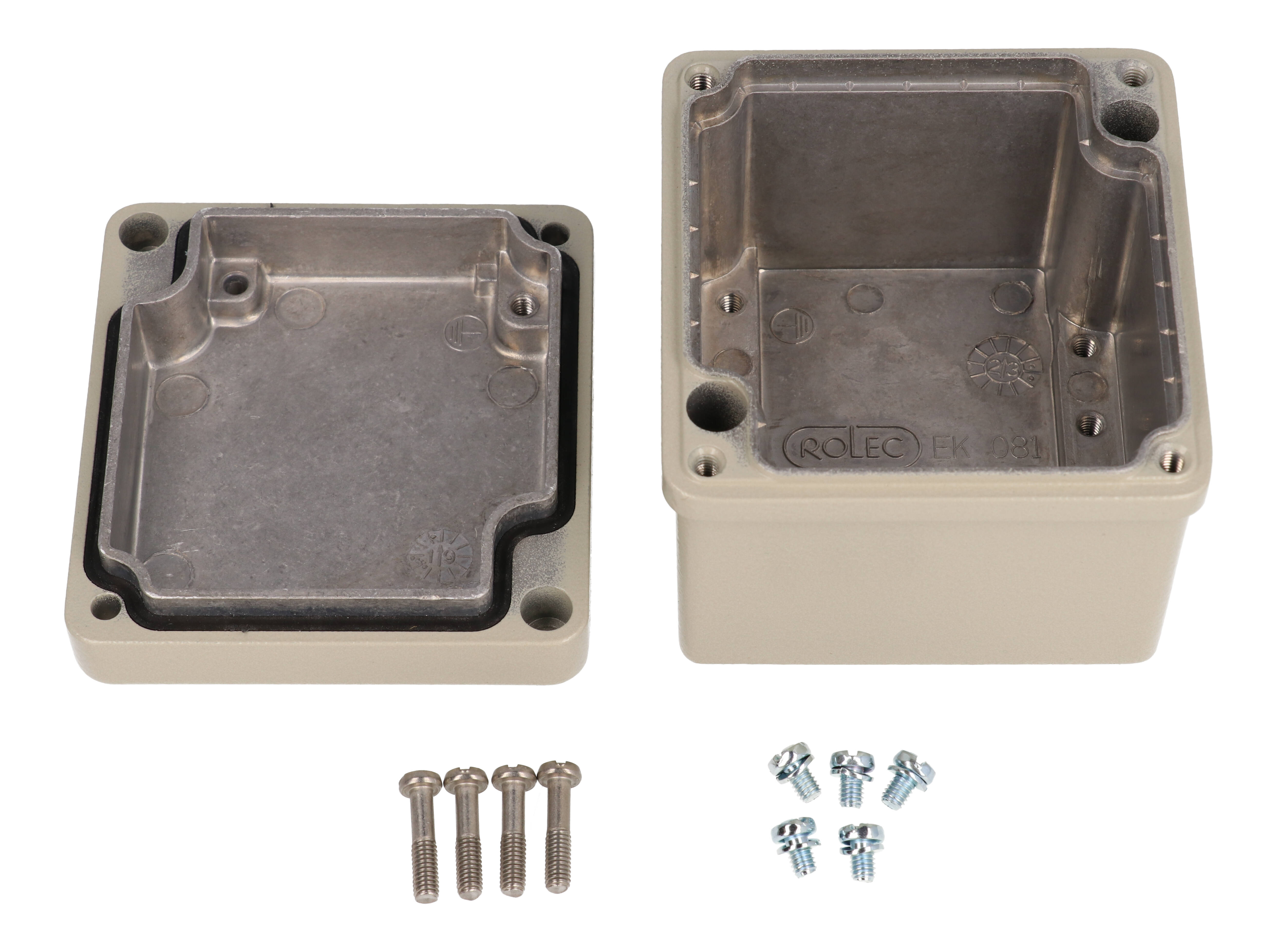 R110-081-000 beige EMI/RFI shielded diecast aluminum enclosure, 84 x 79 mm, 67 mm deep with lid