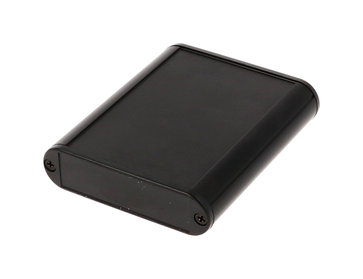 1455B802BK black anodized extruded aluminum PC board enclosure, 80 x 72 x 19 mm, with plastic end panels