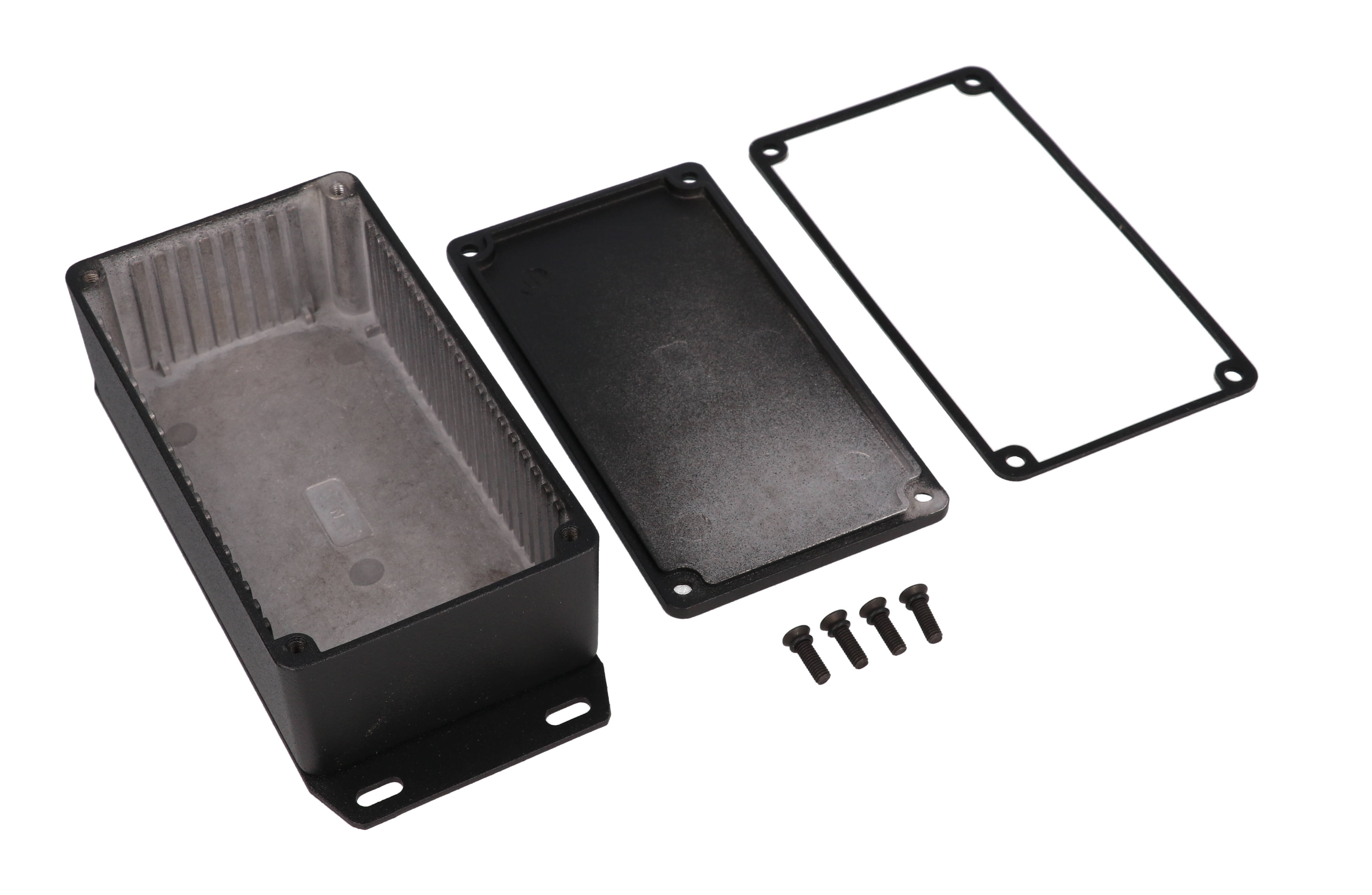 1590WNFBK black textured water-tight diecast enclosure with welded mounting flange