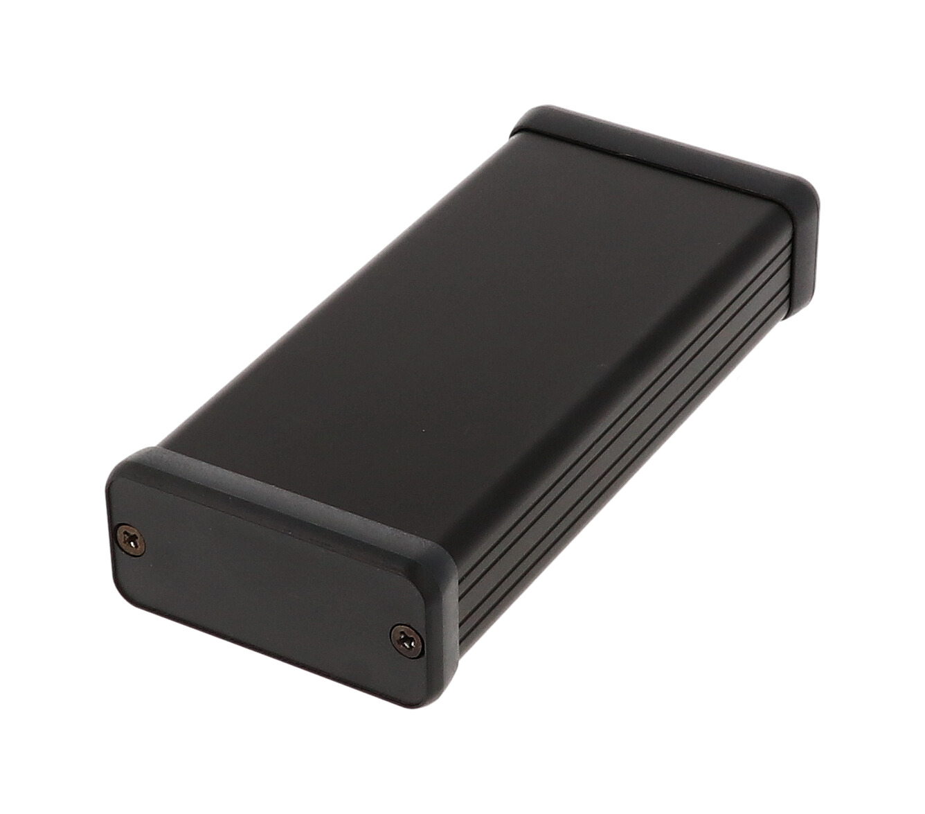 1455C1202BK black anodized extruded aluminum enclosure, 120 x 54 x 23 mm, with black plastic end panels
