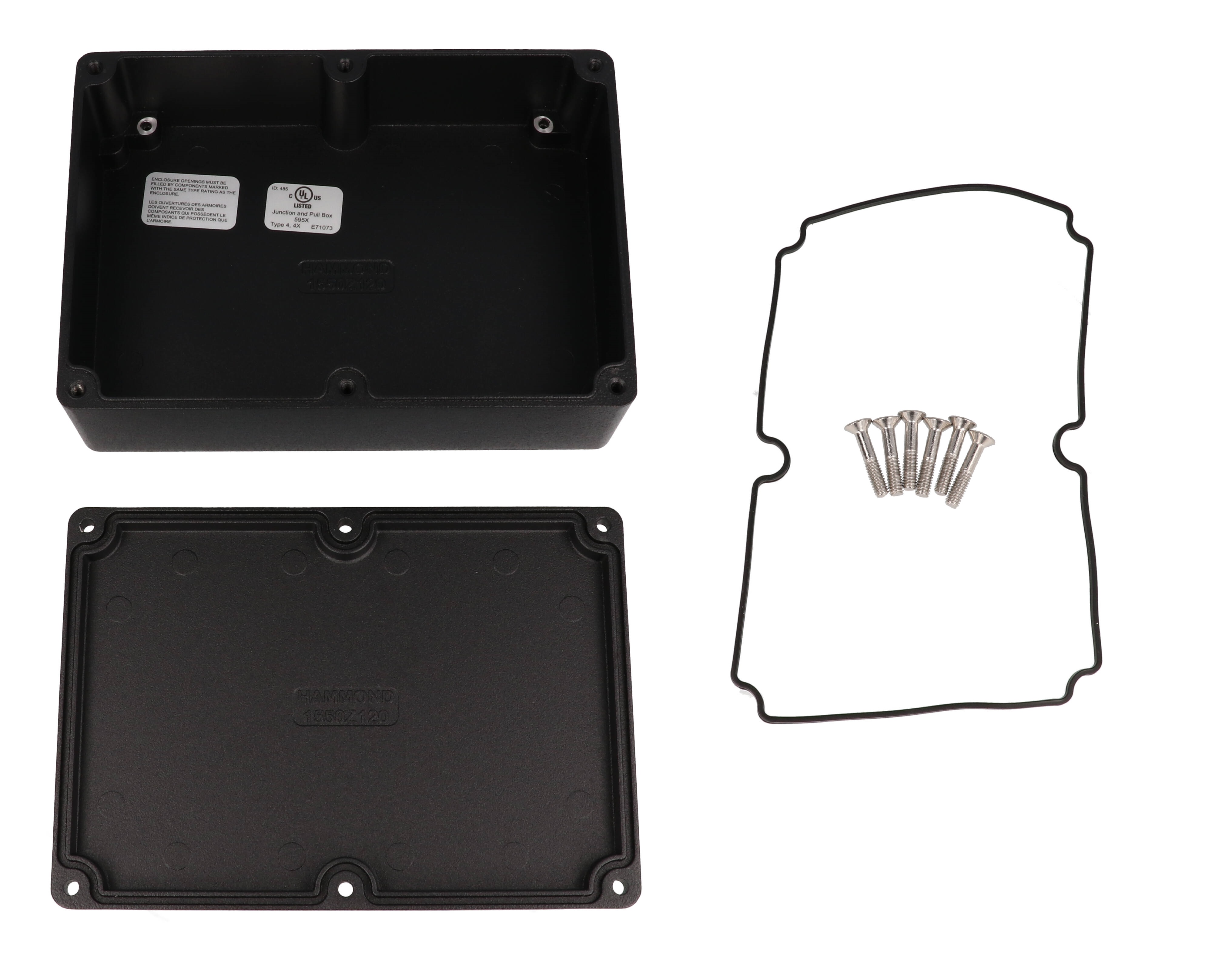 1550Z120BK black textured watertight diecast aluminum enclosure, 171 x 121 x 55 mm