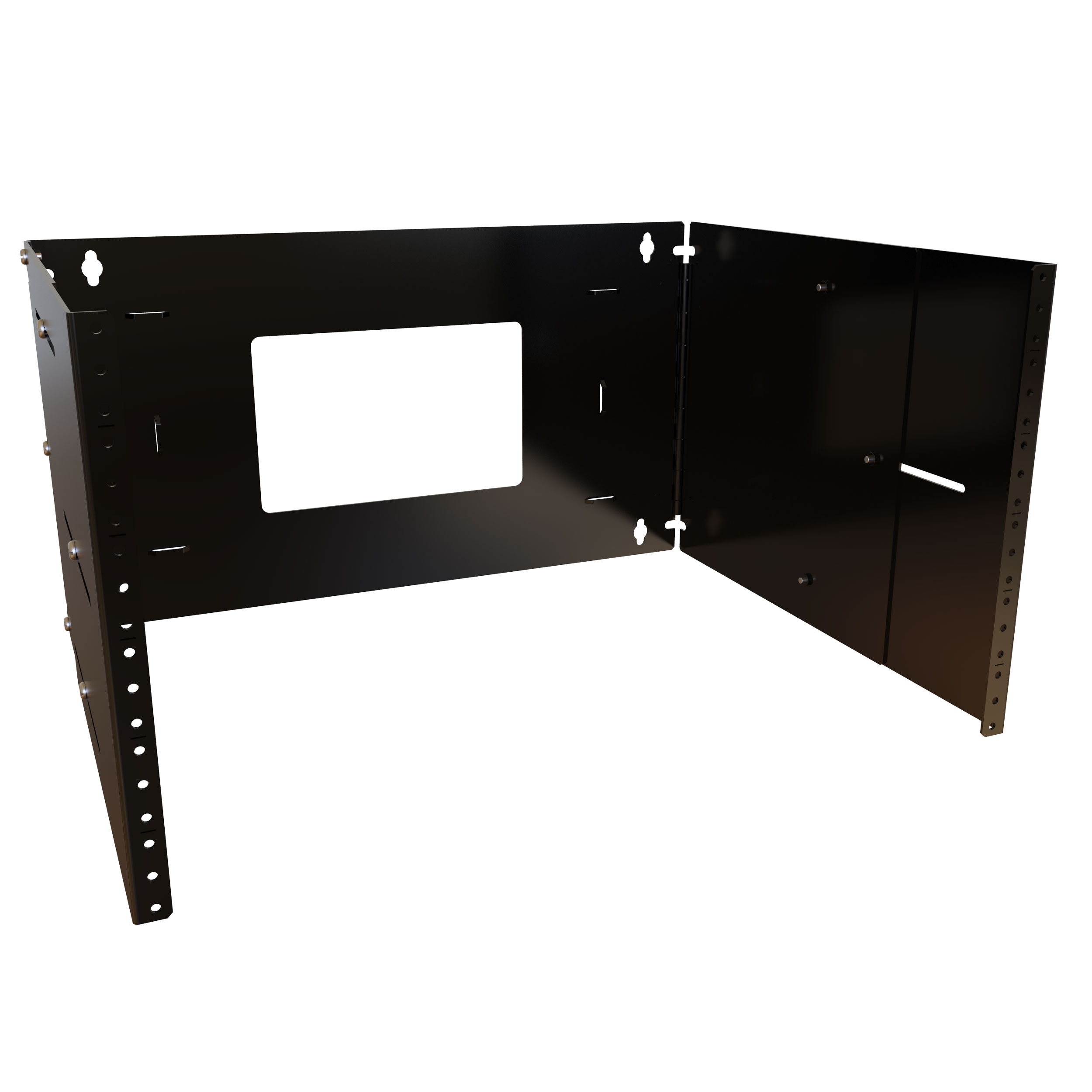 Hammond APB19003BK1 2U adjustable depth hinged wall-mount rack in black with 19-inch threaded mounting rails — view 3