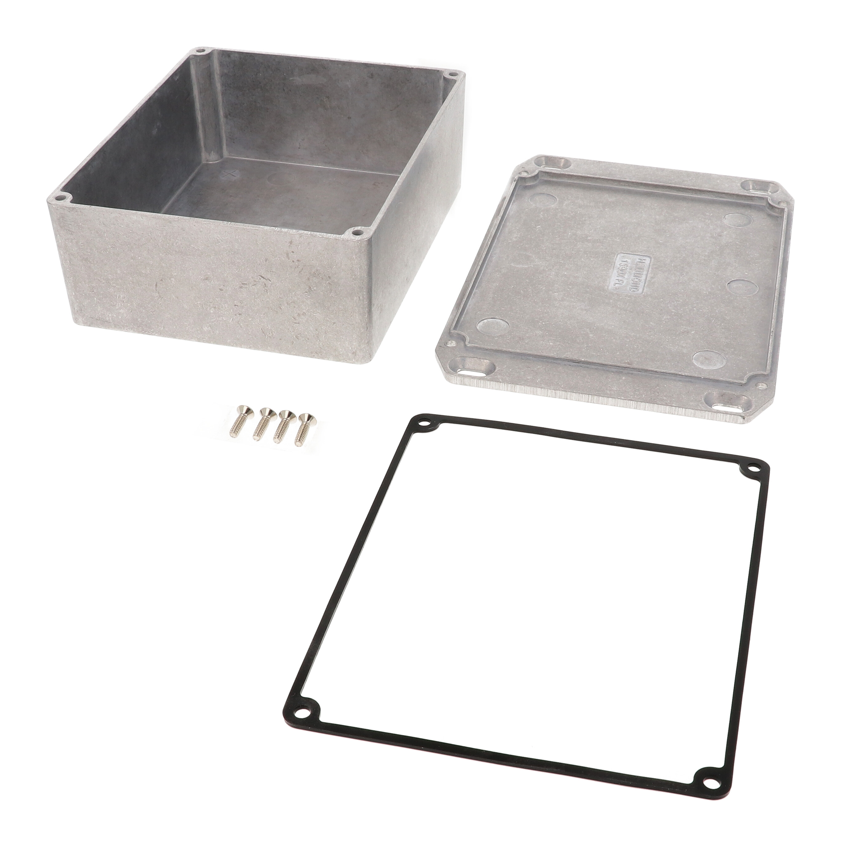1590WXFL natural aluminum watertight diecast aluminum enclosure with flanged mounting lid, 145 mm x 121 mm x 56 mm