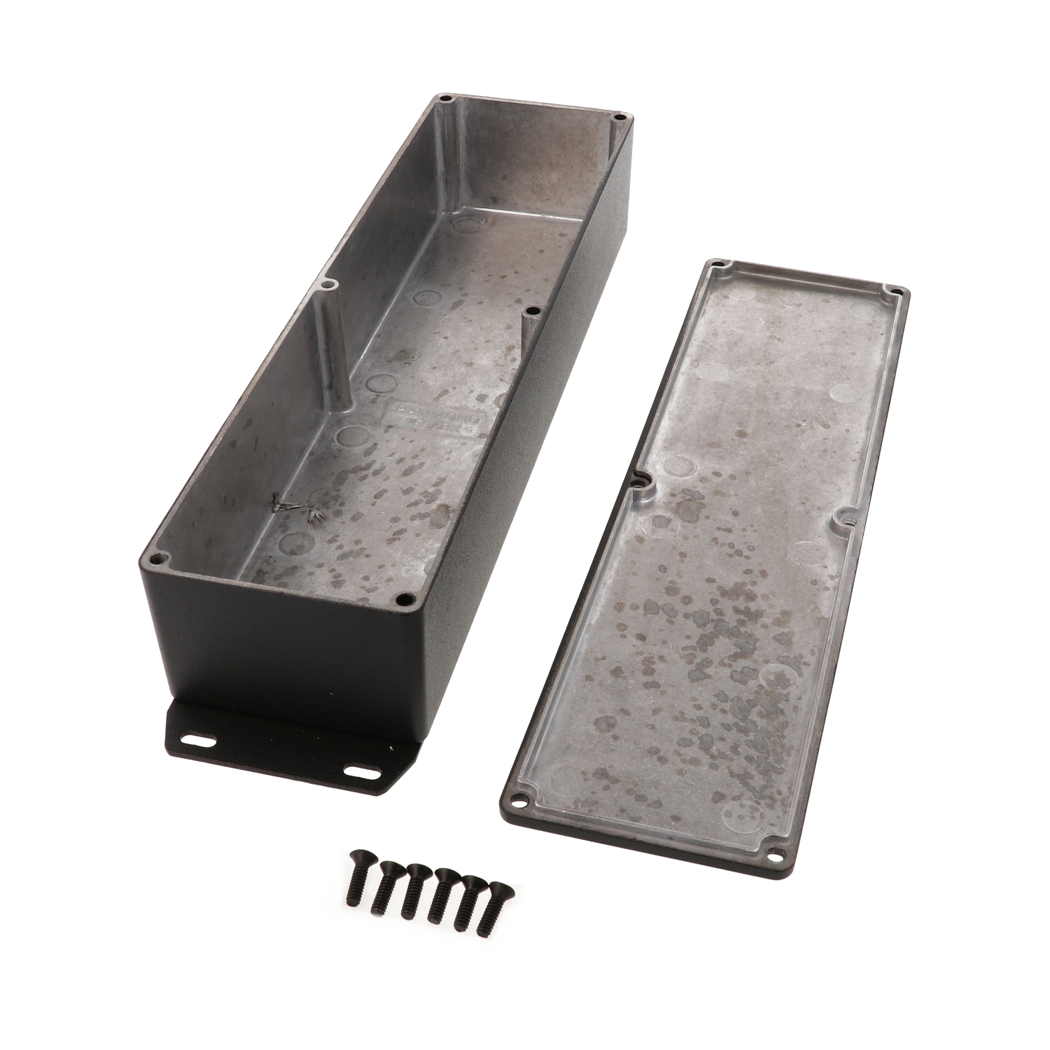 1590BXFBK textured black diecast aluminum enclosure with flanged bottom plate, 254 x 70 x 50 mm