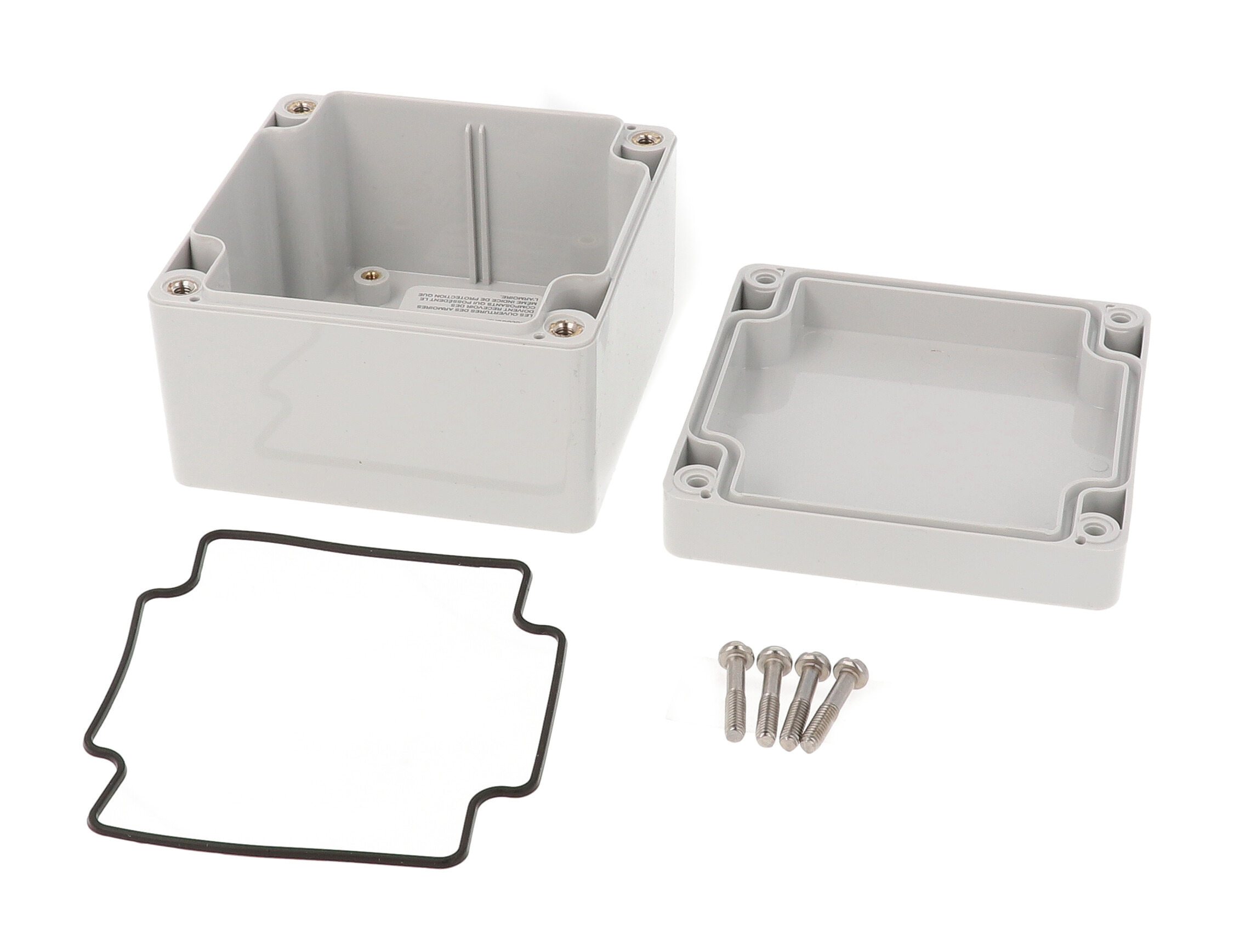 1554E2GY square light gray polycarbonate NEMA 4X enclosure, 90 x 90 x 61 mm