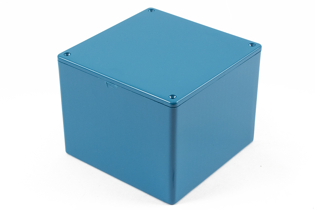 1591VBU blue flame retardant ABS plastic enclosure 120 x 120 x 94 mm with lid and card guides