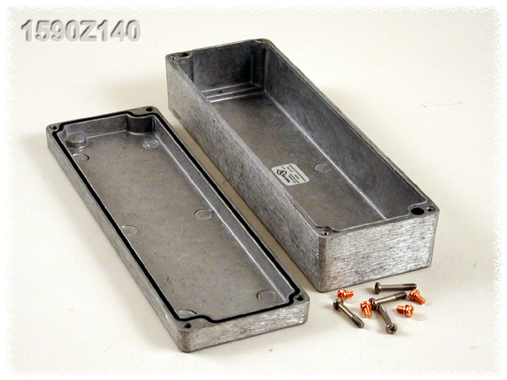 1590Z140 natural diecast aluminum enclosure, 250 x 80 x 57 mm, with lid and stainless steel cover screws