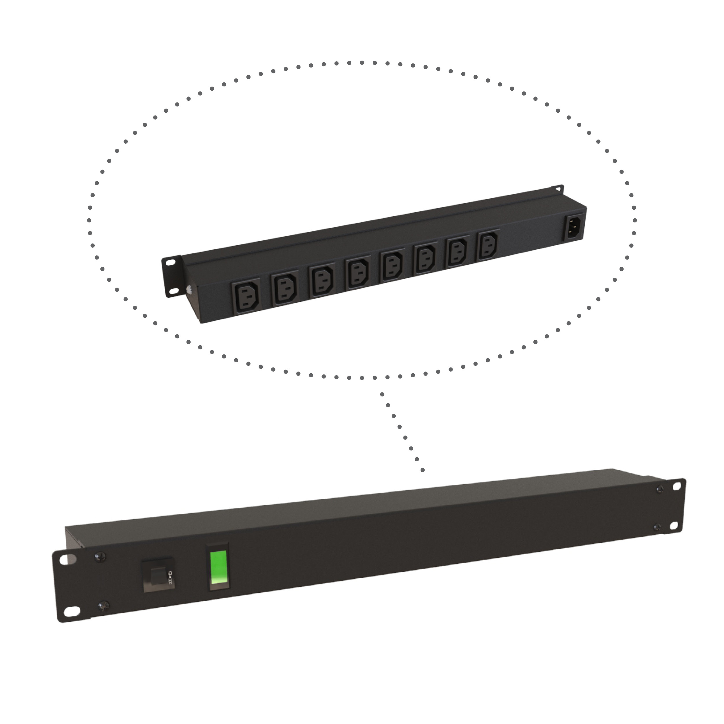 Hammond 1583T8E1BK 1U black 19-inch rackmount PDU with eight rear-facing IEC C13 outlets and C14 inlet
