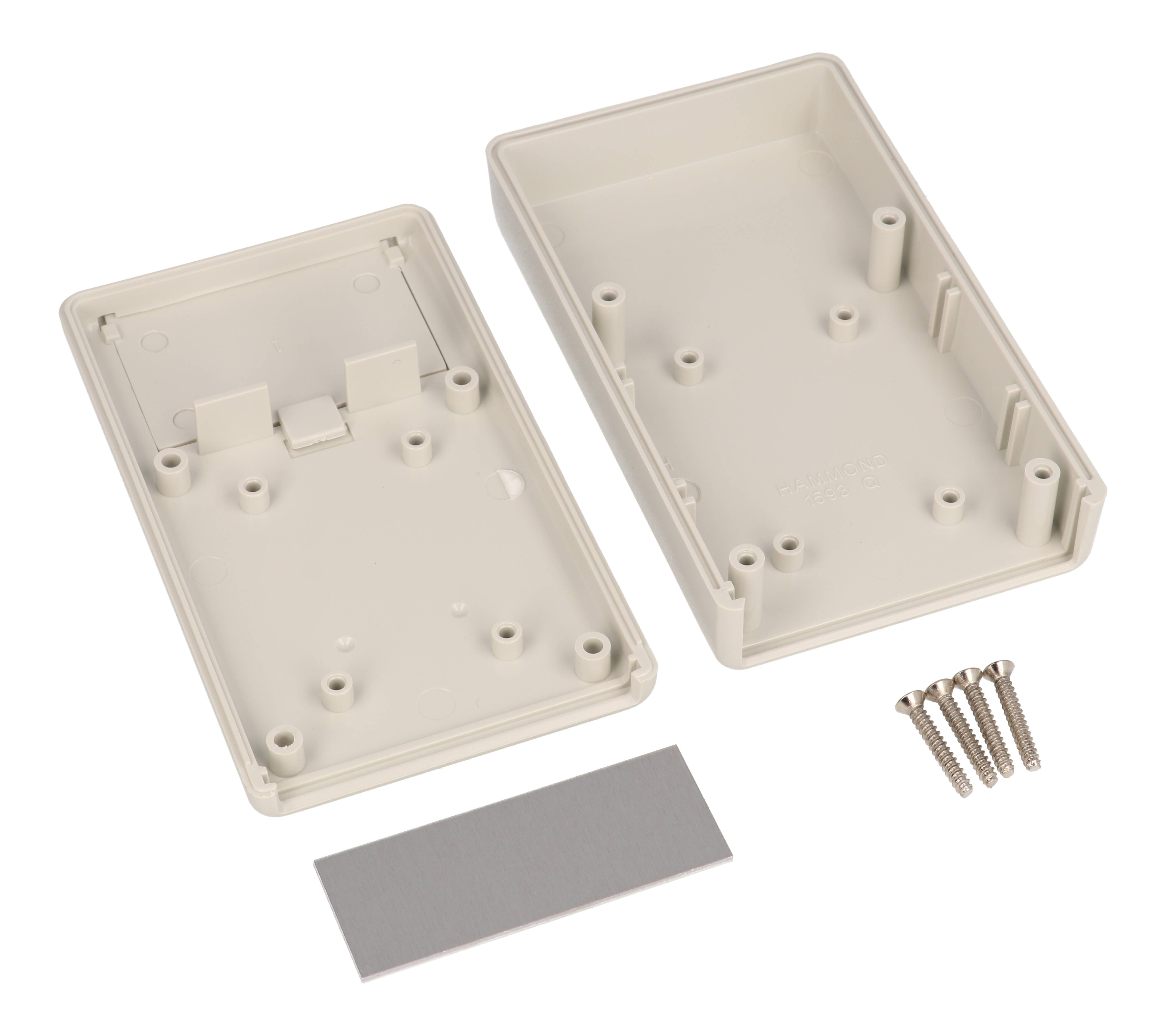 1593QALGY light gray ABS handheld enclosure with battery door and aluminum front panel