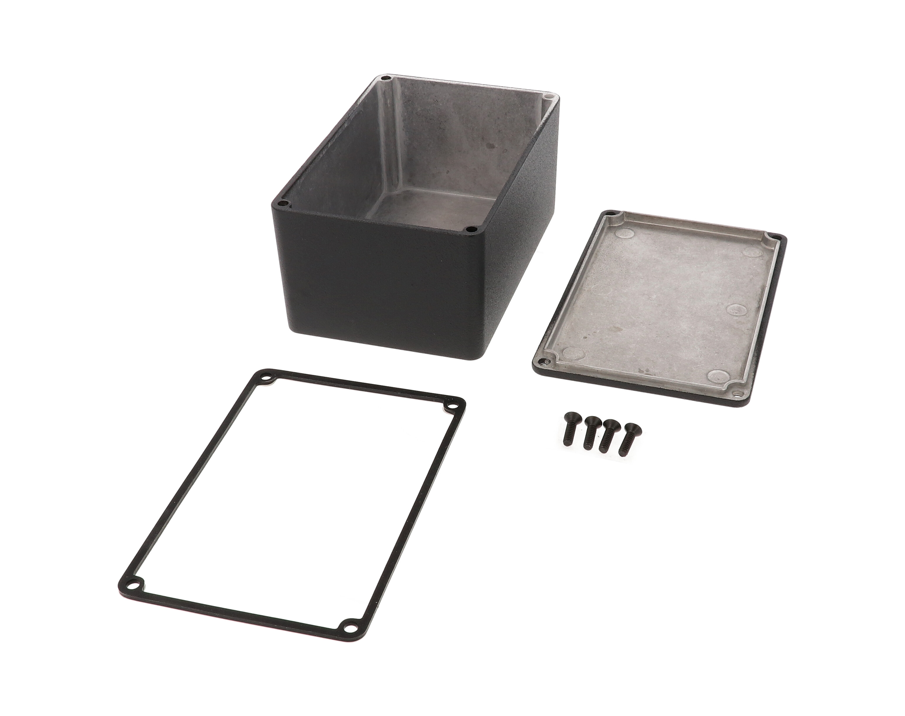 1590WTBK black textured IP65 water-tight diecast aluminum enclosure with no mounting flanges, 120x80x59mm