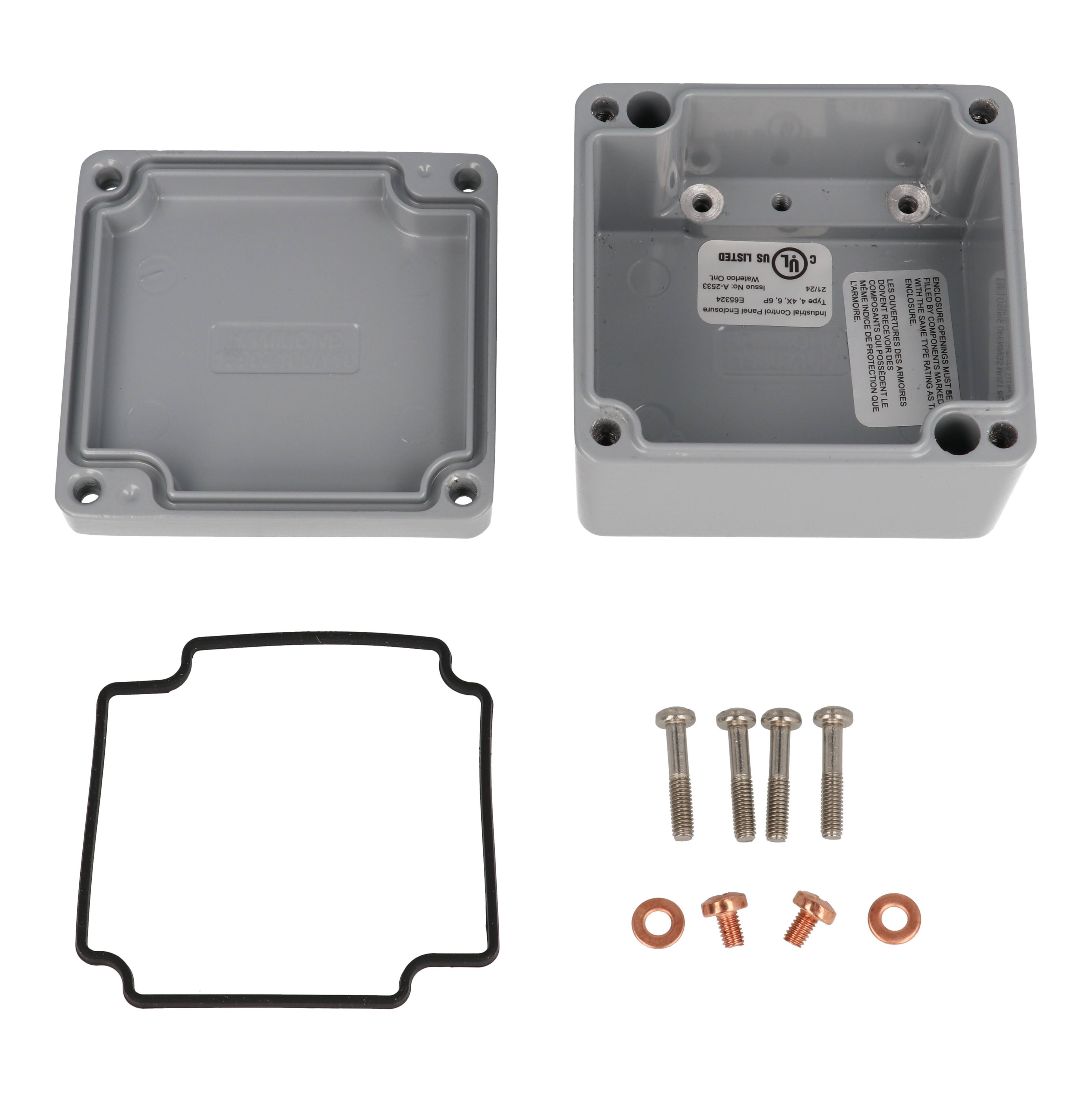 1590Z100GY smooth gray RAL 7001 80 x 75 x 52 mm heavy-duty diecast aluminum enclosure with four recessed lid screws
