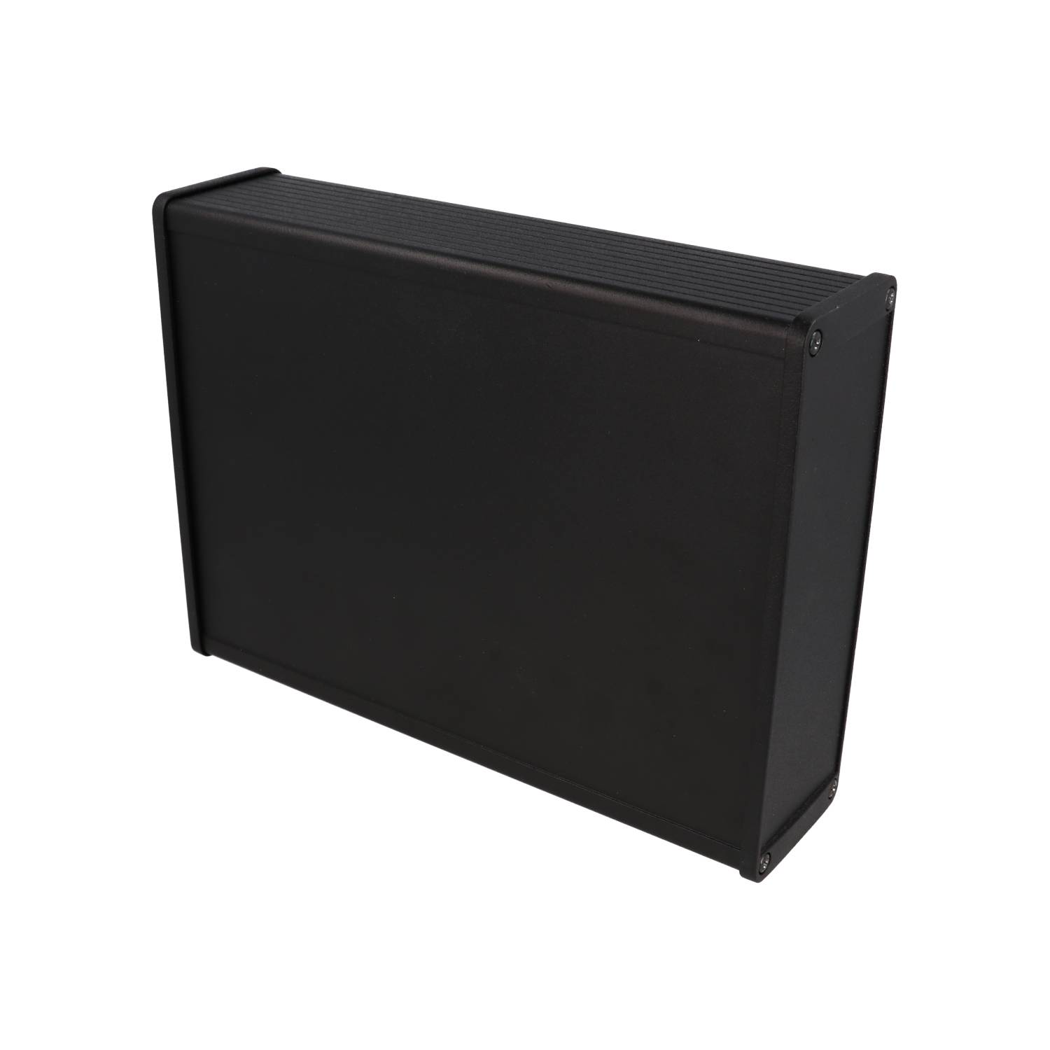 1457T2201EBK black powder coat EMI/RFI shielded extruded aluminum enclosure with flat black end panels, 220 mm x 165 mm x 55 mm