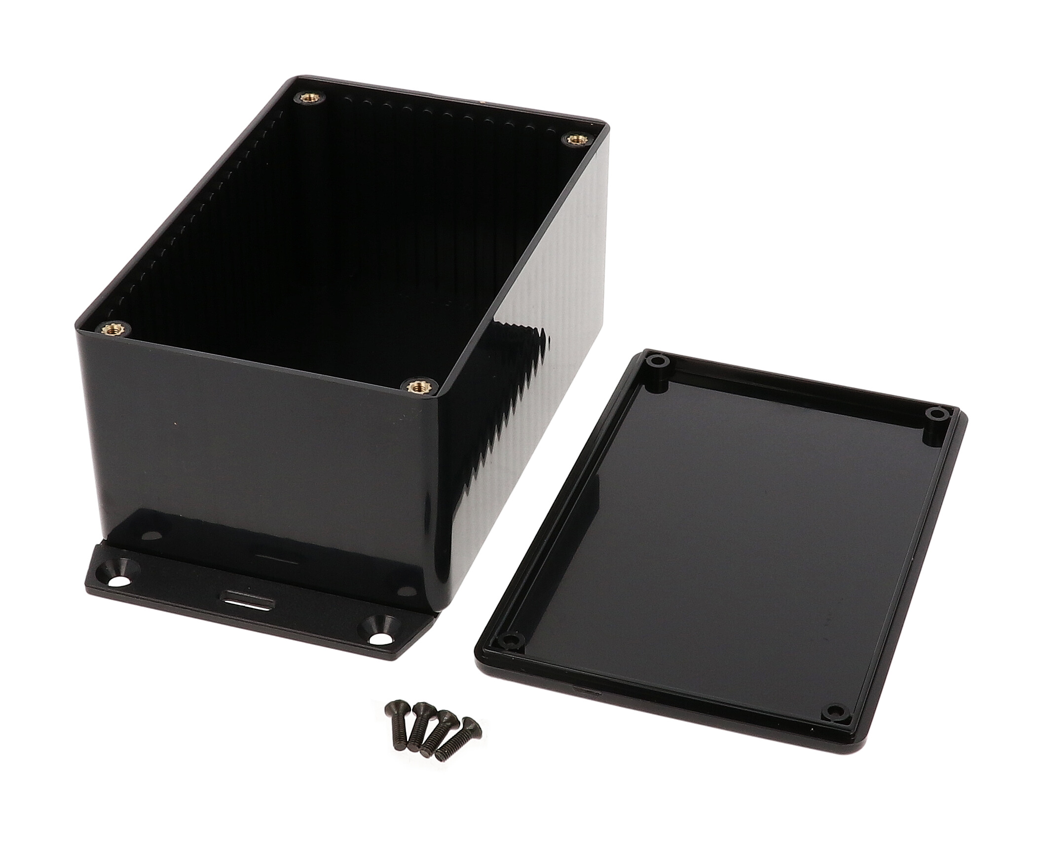 1591TF2BK black ABS plastic enclosure with bottom mounting flange, 120 x 80 x 59 mm