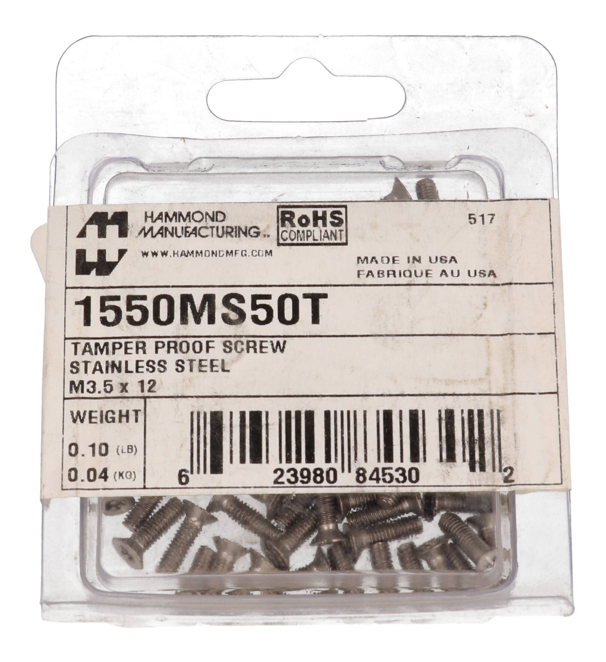 1550MS50T M3.5 x 12mm tamper-proof assembly screws for 1550 series enclosures, pack of 50