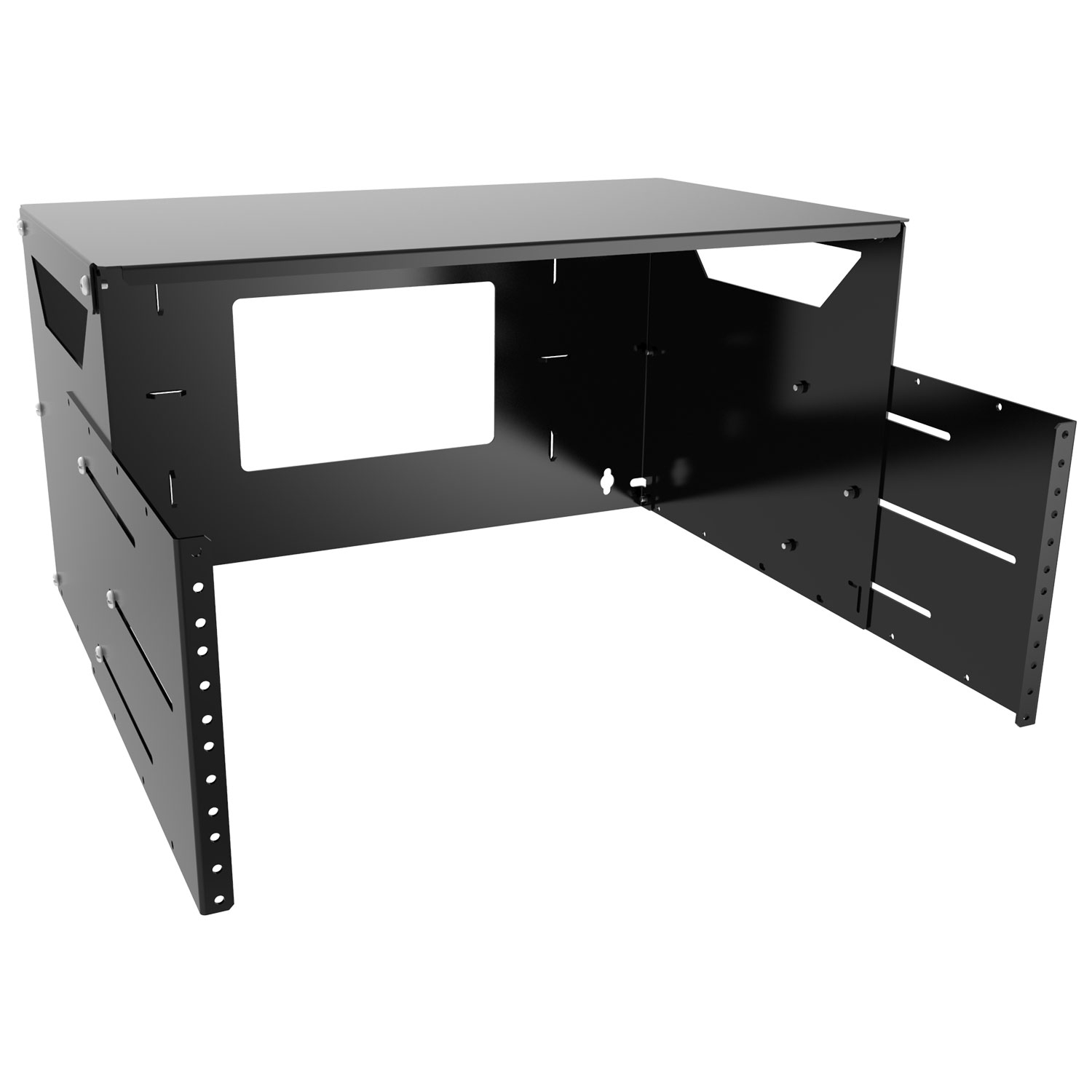 Hammond APBS194UBK 4U black adjustable depth open wall-mount rack with integrated 12-inch shelf and tapped 10-32 19-inch rails — view 3