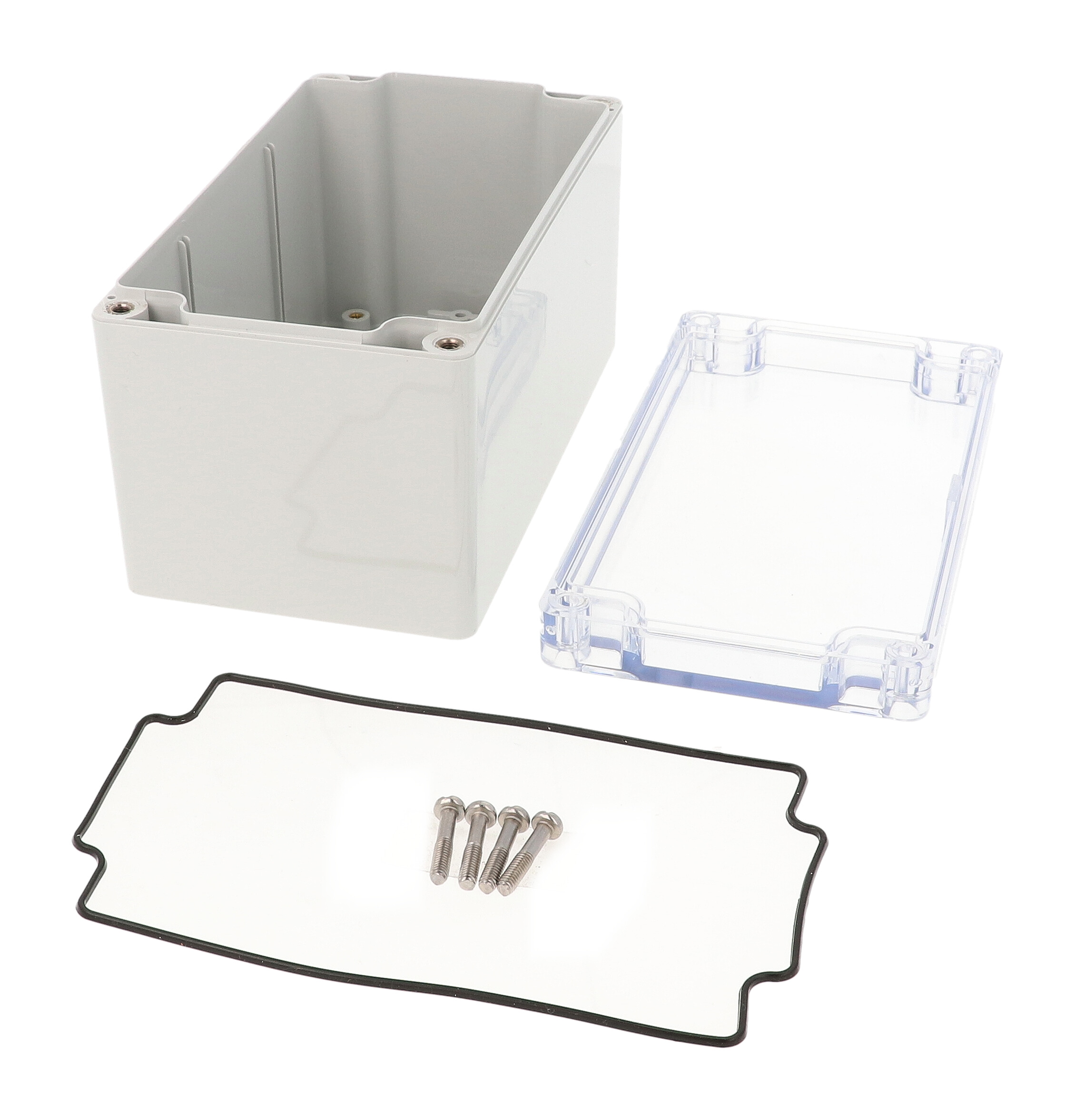 1554K2GYCL polycarbonate enclosure with clear lid, 160 x 89 x 89 mm, gray RAL 7035 base
