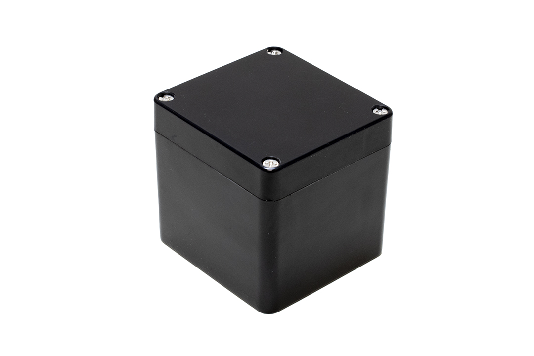 1590ZGRP084BK black glass reinforced polyester NEMA 4X enclosure, 80 x 75 x 75 mm, with gasketed screw-down lid