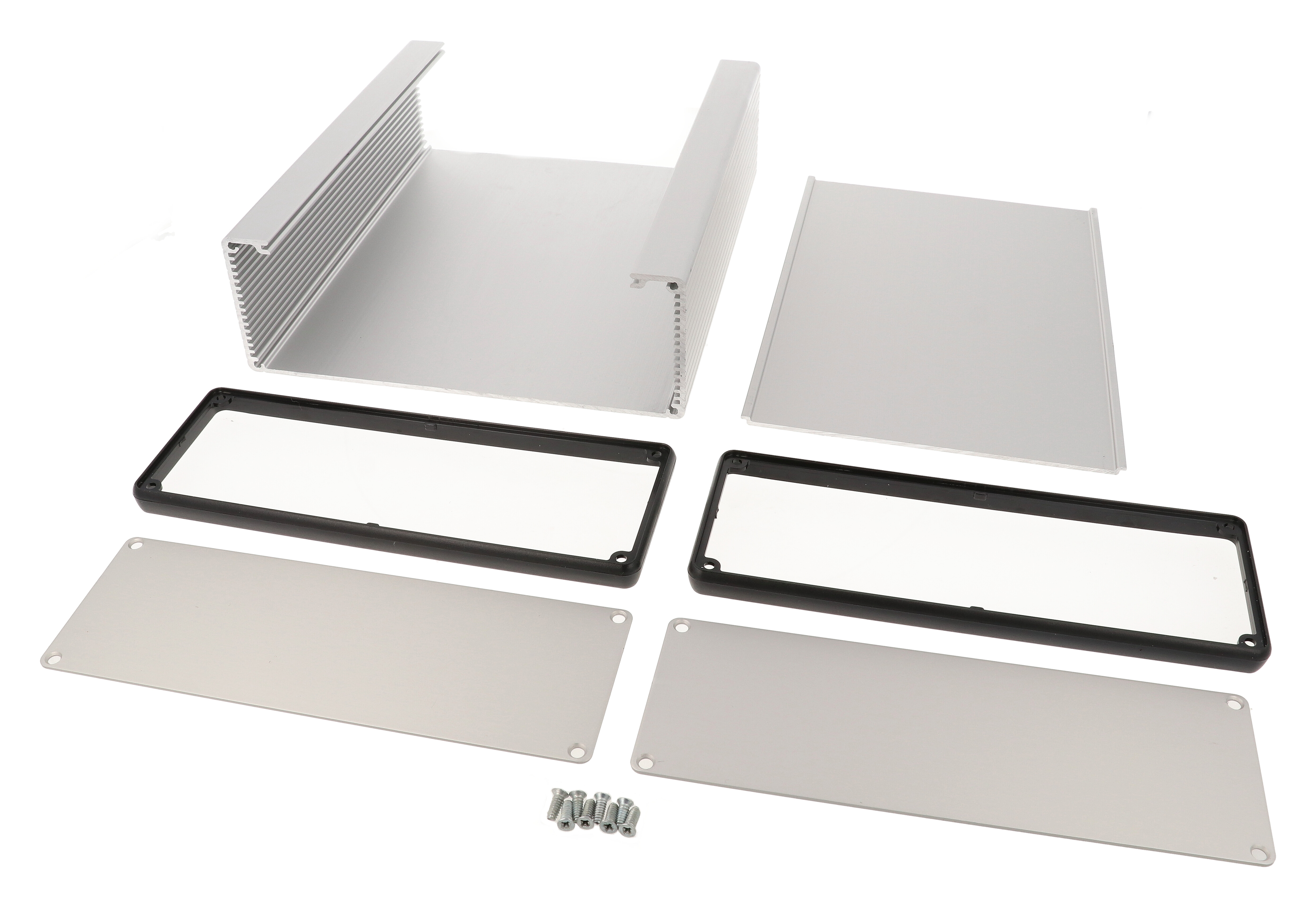 1455U2201 clear anodized extruded aluminum enclosure, 220 x 191 x 66 mm, with aluminum end panels and black open bezels