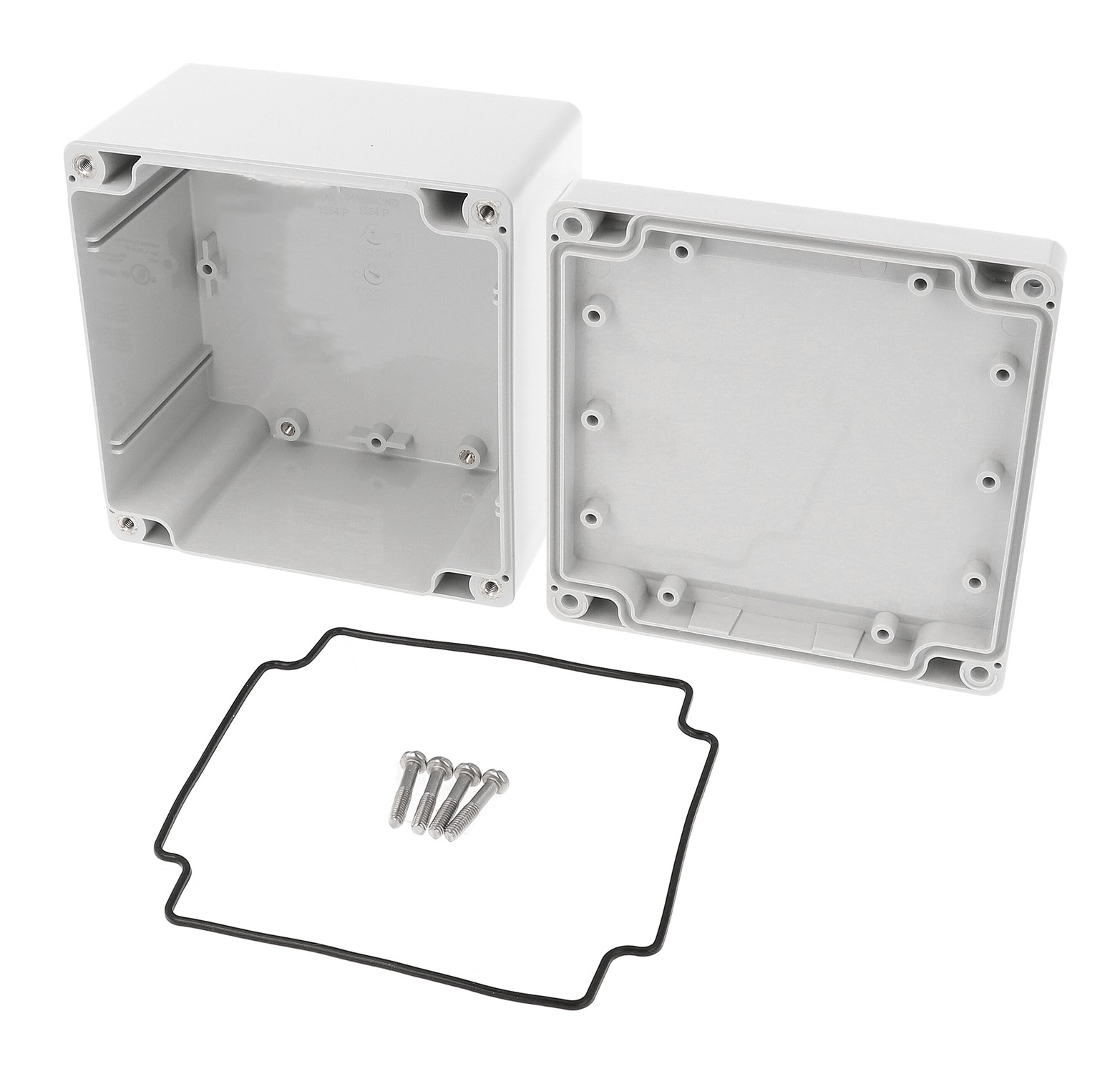 1555PGY light gray ABS watertight enclosure, 120 x 120 x 80 mm, styled lid