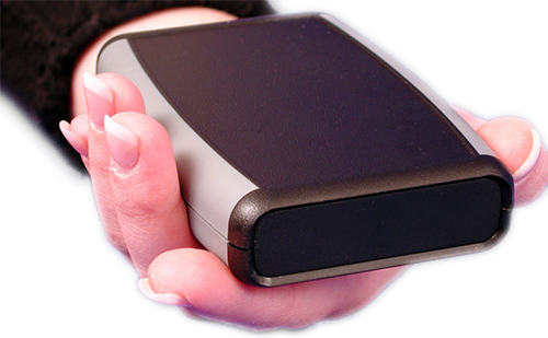 1553DBKBKBAT all-black handheld enclosure with black overmold and battery door — view 6