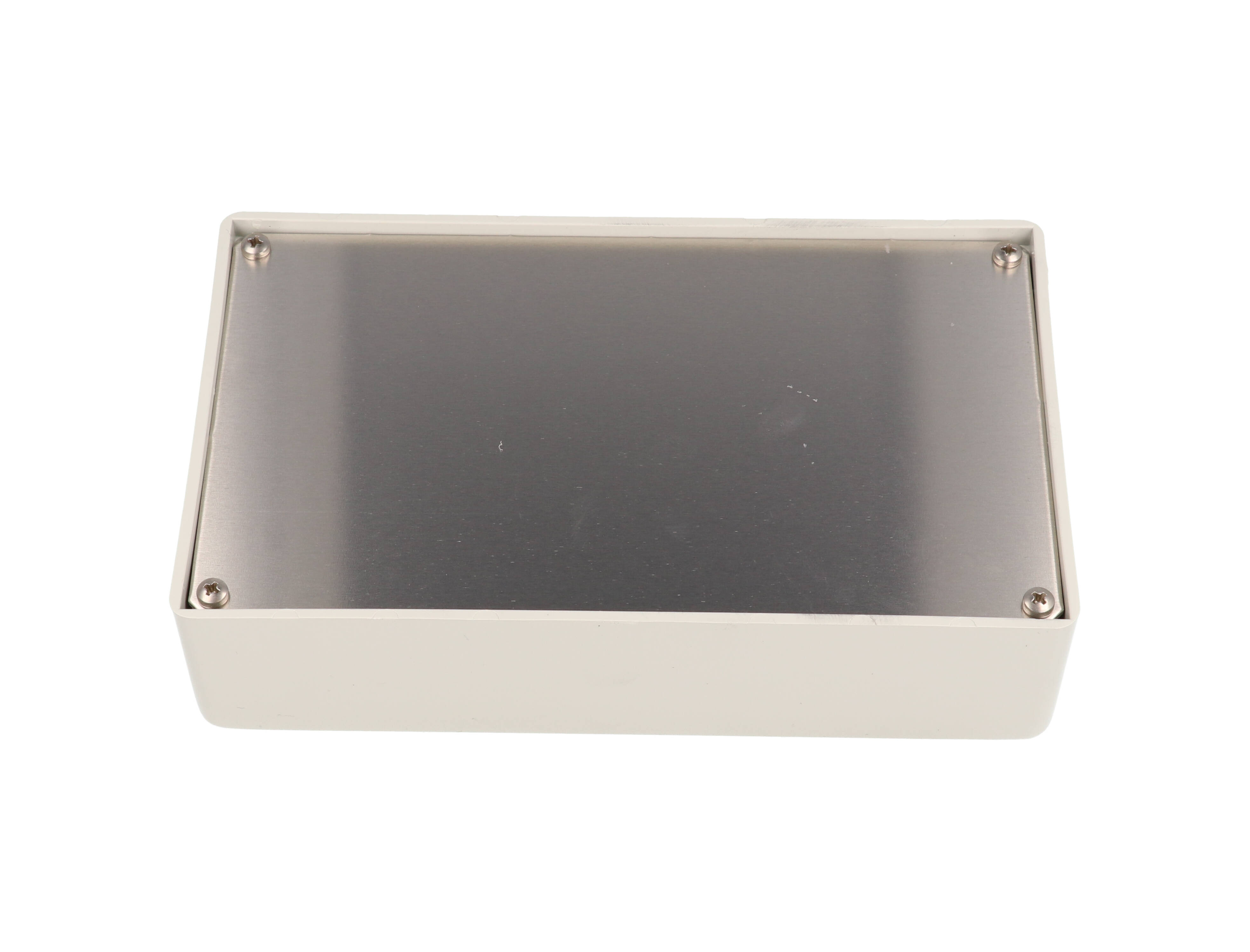 1595CGY light gray sloped plastic console enclosure with aluminum front panel, 161 x 96 x 58 mm