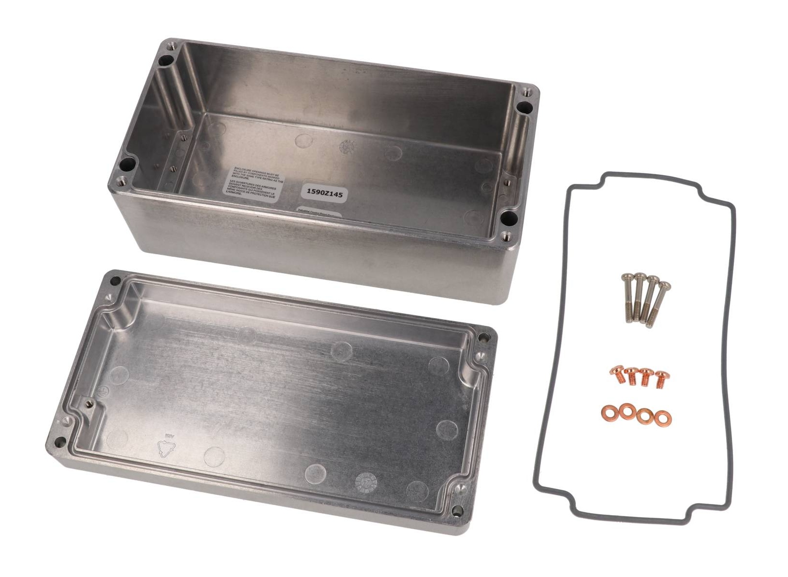 1590Z145 natural diecast aluminum enclosure, 200 x 100 mm, shown with lid and cover screws
