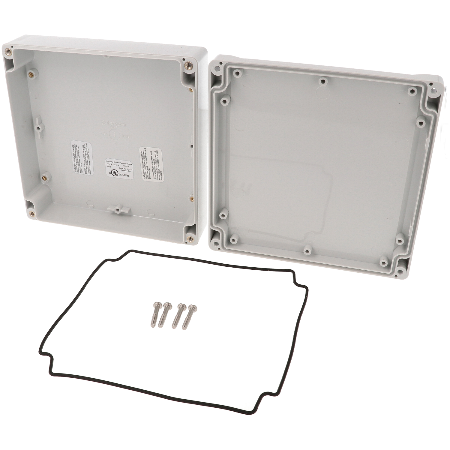 1555RL2GY low-height gray polycarbonate NEMA 4X enclosure, 160 x 160 x 45 mm