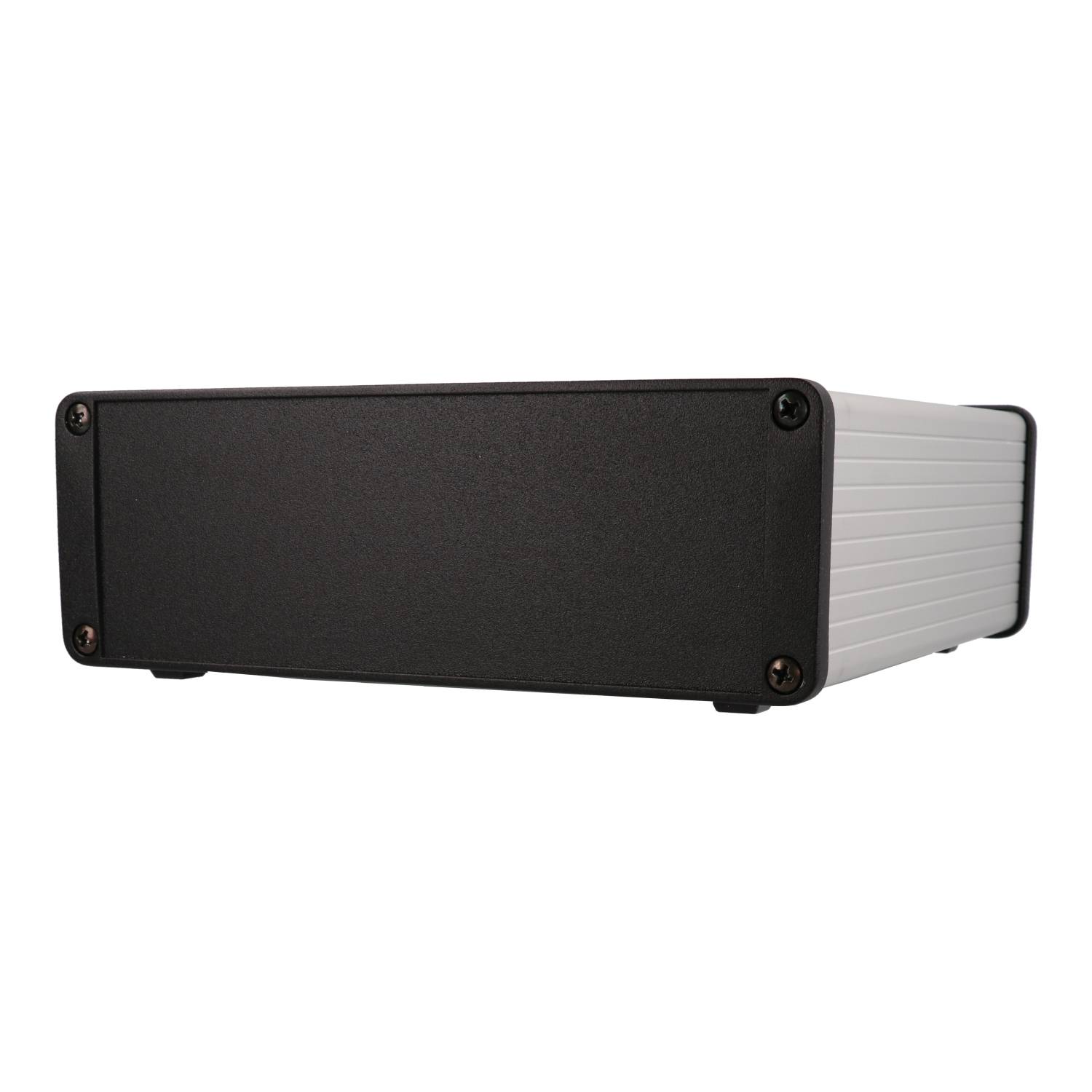 1457T1601E clear anodized EMI/RFI shielded extruded aluminum enclosure with flat black end panels, 160 mm x 165 mm x 55 mm