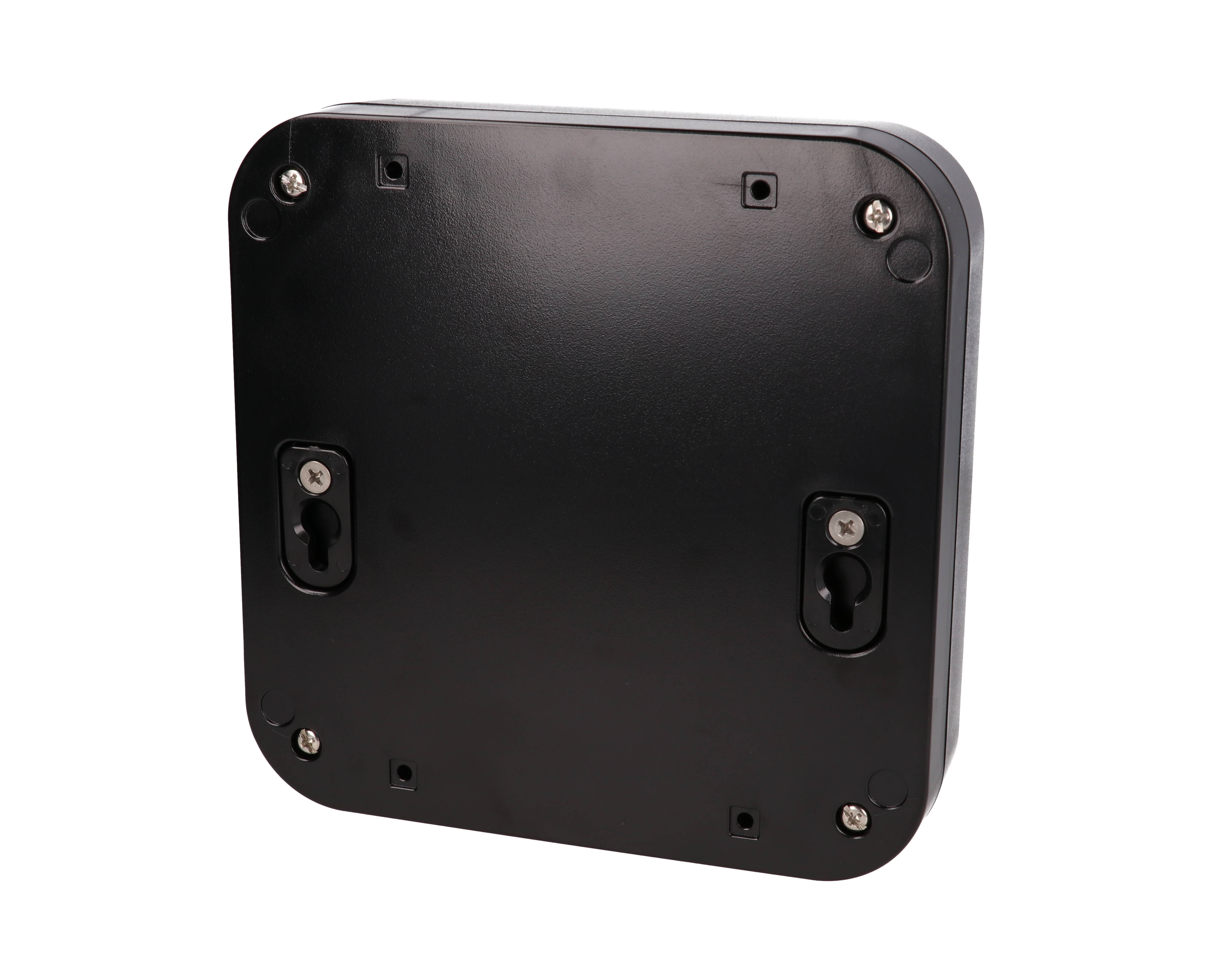 1557F2BK black polycarbonate watertight enclosure, 160 x 160 x 45 mm, with rounded corners and screw-down lid